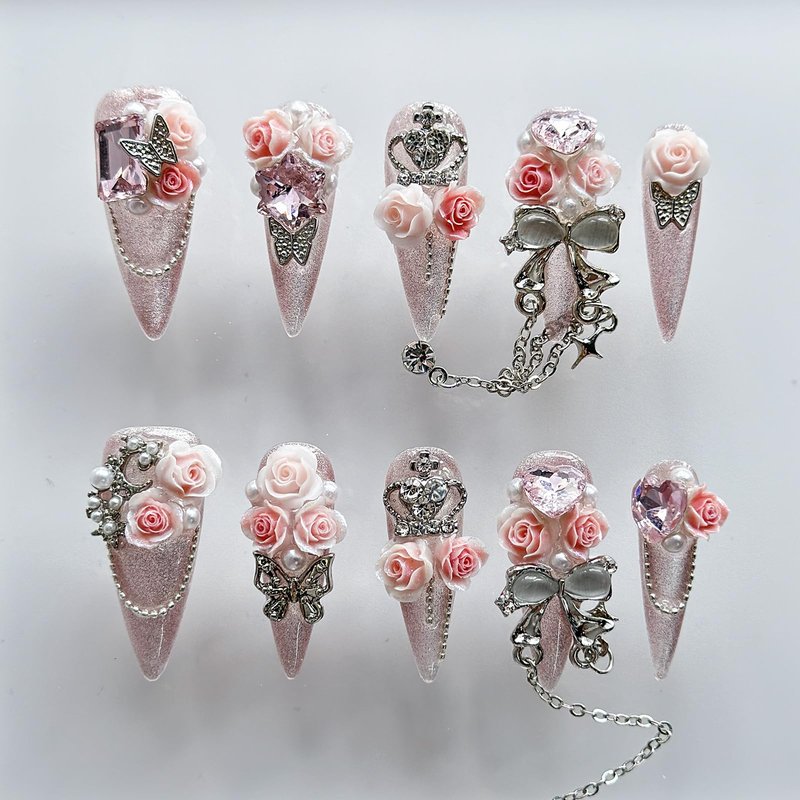Luxury Press on Nails Long Almond Handmade 3D Unique Reusable ABS Material Fake Nails Pink Gothic False with Designs Glitter Bow Rhinestones Charms Glossy Glue on Nails Thick Acrylic Nails(M)