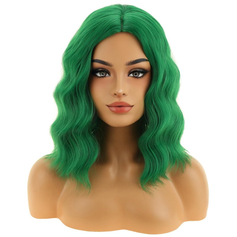 RIGHTON Emerald Green Wig for Women Short Curly Wig Green Beach Wave Wigs with Hairnet