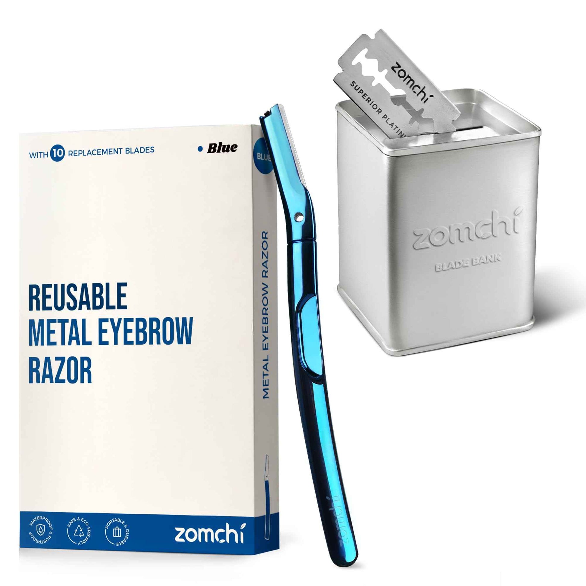 Blue Dermaplaning Razor with Silver Blade Disposal Box