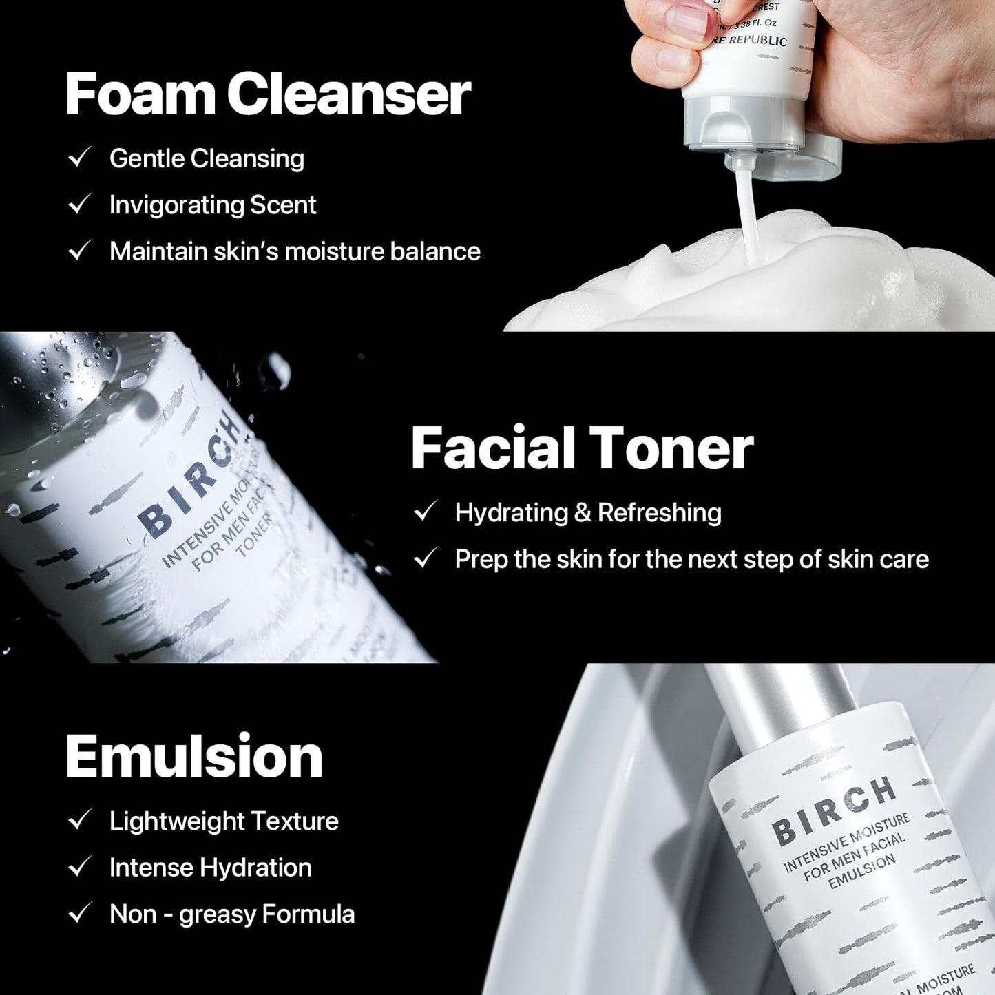 Nature Republic Birch Intensive for Men Skin Care Kit, Face Wash & Moisturizer for Hydrated Skin, Facial Toner (4.05 Fl.Oz) Emulsion (4.05 Fl.Oz) Cleaner (3.38 Fl.Oz), Korean Gift Sets