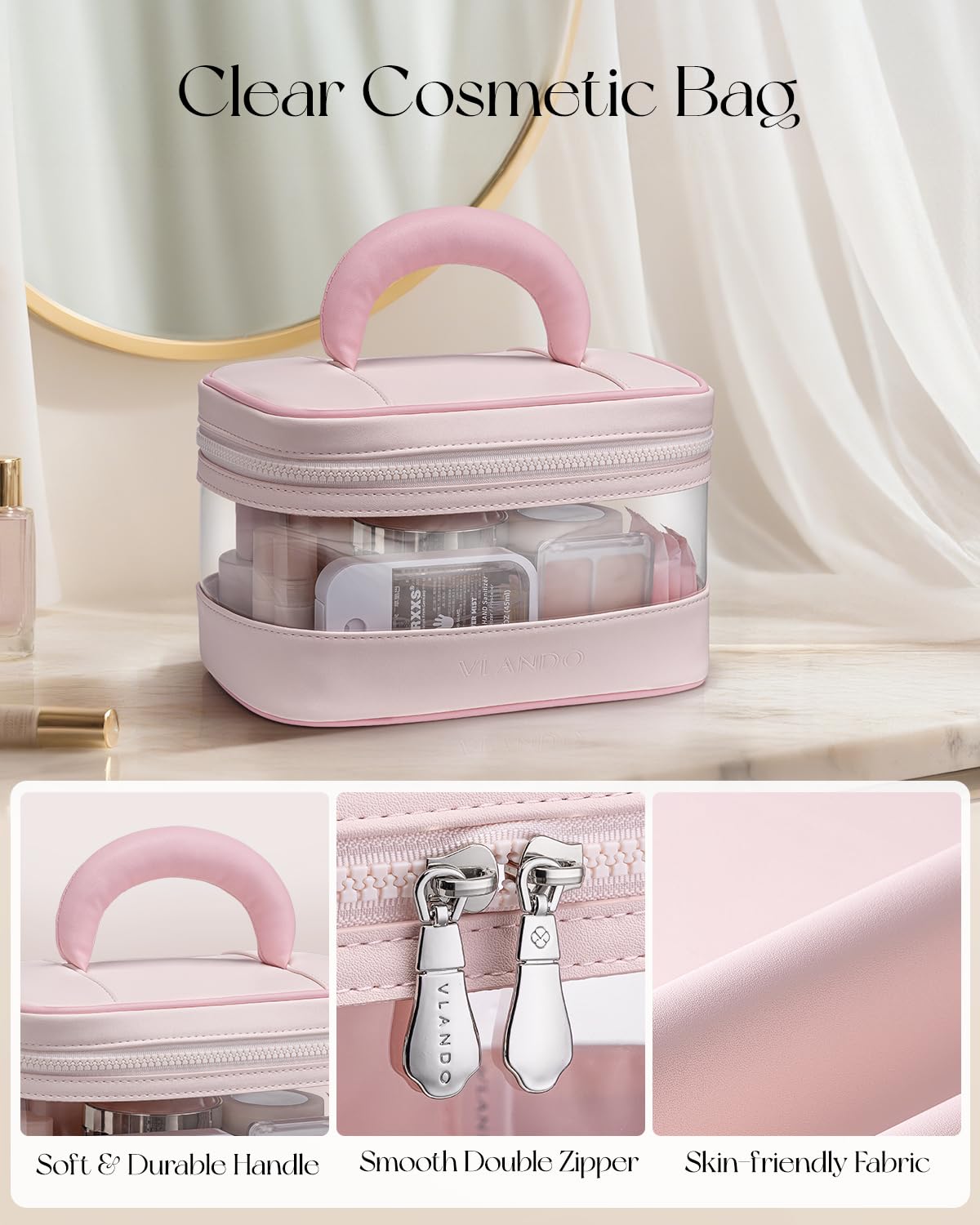 VLANDO Travel Makeup Bag, Large Travel Toiletry Bag for Women Girl, Waterproof Cute Cosmetic Bag with Handle, Clear Make up Bag for Cosmetic, Brushes, Skincare-Apricot Pink