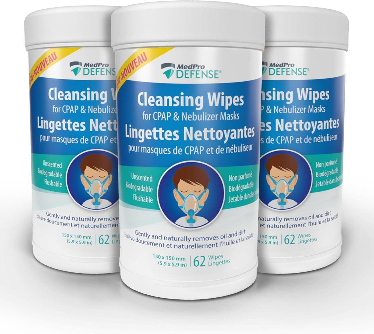 MedPro Defense CPAP Mask Cleansing Wipes for Daily Cleaning, Gently Removes Dirt and Oil, Biodegradable, Unscented, Lint-Free, and Flushable 62 count