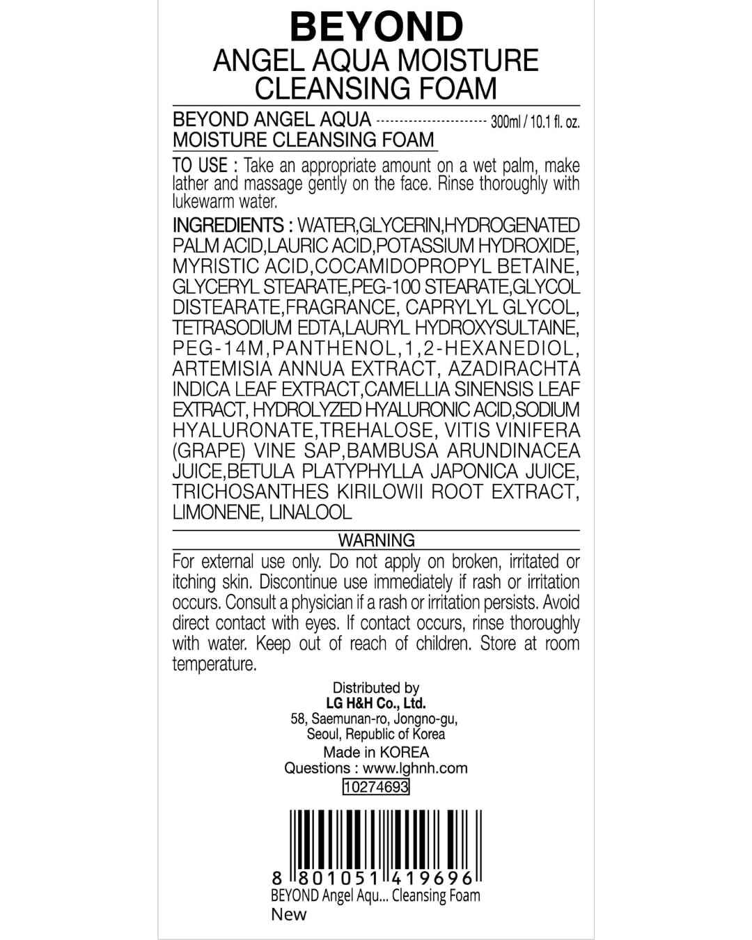 BEYOND Angel Aqua (Cleansing Foam, 10.1fl oz) - Vegan Formula Korean Skin Care. Gentle Hydrating Face Wash, Coconut, Hyaluronic Acid