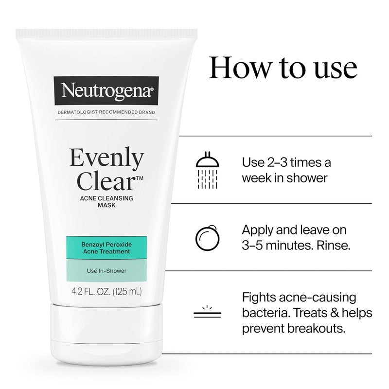 Neutrogena Evenly Clear Acne Cleansing Face Mask - 3.5% Benzoyl Peroxide & Bentonite Clay | 4.2 fl. oz for Clearer Skin
