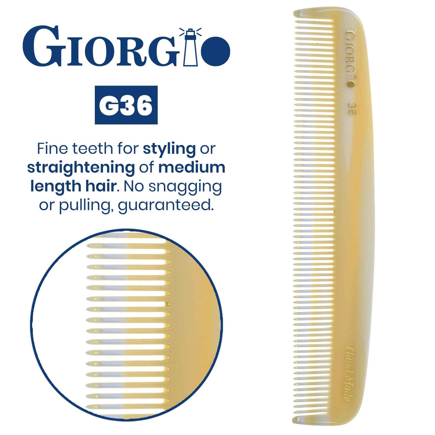 Giorgio G36 Handmade All Fine Tooth Pocket Comb for Men, Hair Comb Straightener for Everyday Grooming Styling Hair, Mustache and Beard for Men Women and Kids, Use Wet or Dry, Saw Cut and Hand Polished