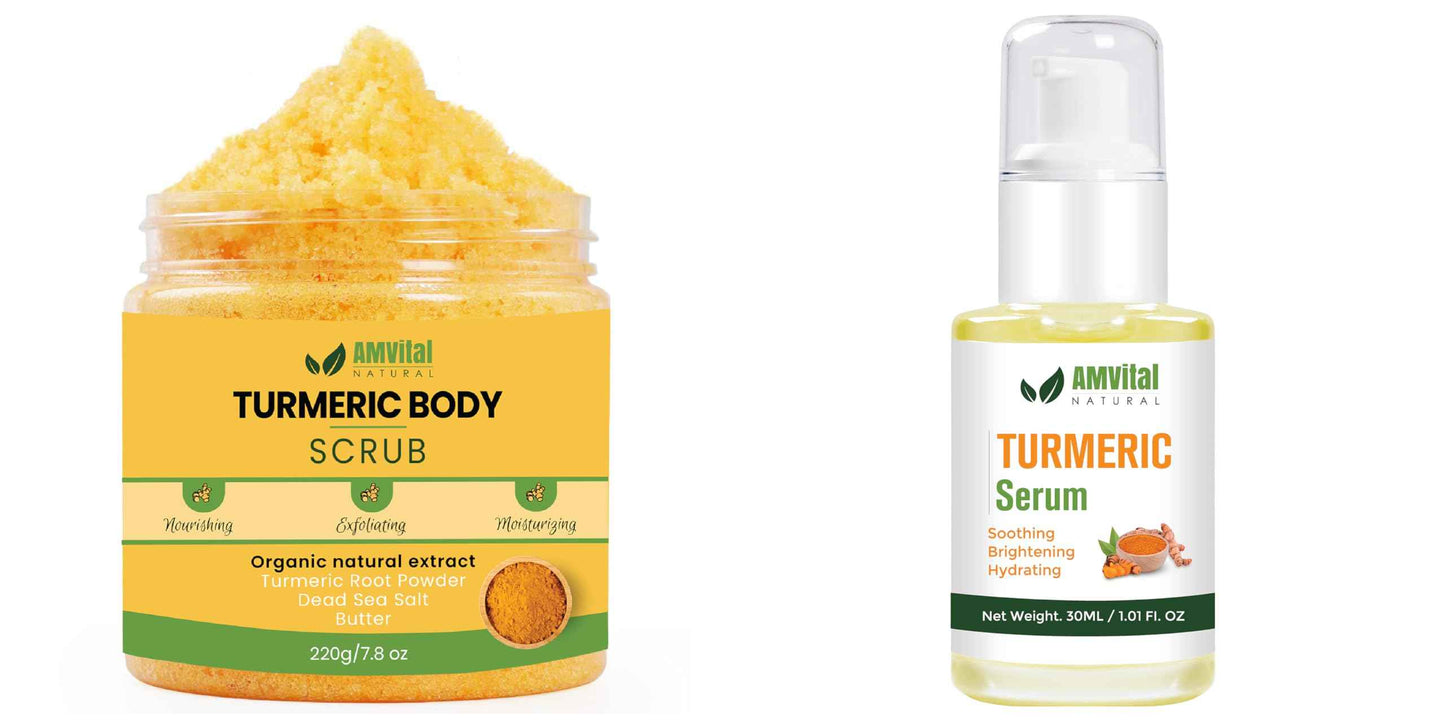 AMVital Turmeric Skincare Bundle: Turmeric Body Scrub (220g) & Turmeric Face Serum (30ml) - Natural Exfoliating, and Hydrating Skincare Set