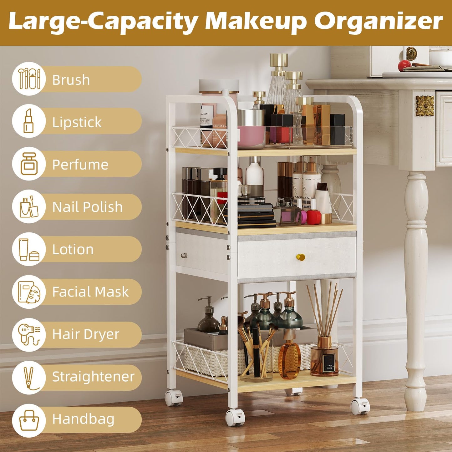 Makeup Organizer Rolling Cart with Drawer, Makeup Organizer on Wheels, Rolling Makeup Bathroom Storage Cart, Cosmetics Display for Nail Polish Makeup Brush