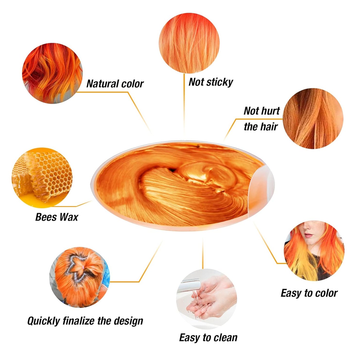 Temporary Hair Color for Kids, Ultikare Orange Hair Dye Washable Natural Hair Wax Color Chalk Mud Cream DIY Hairstyle Clay For Dark Hair Halloween, Cosplay, Party, Christmas Gift Girls 3.4 Fl Oz