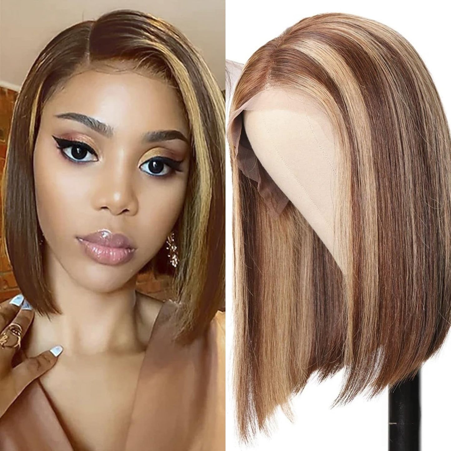 Hertune 8 inch Honey Blonde Bob wig Human Hair 4/27 Highlight Bob Lace Front Wigs Human Hair 180% Density 13x4 HD Frontal Lace Wigs Pre Plucked Ombre Color Short Straight Bob Wigs for Black Women