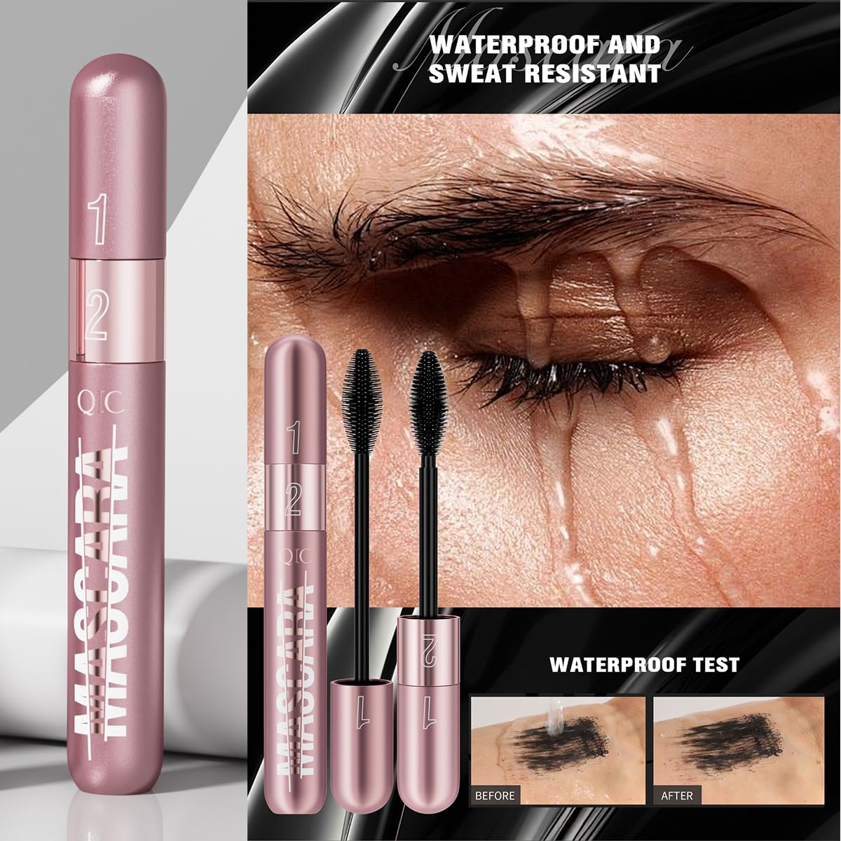 2 in 1 Double-effect 4D Curling Black Mascaras,Waterproof & Smudge Proof Lash Extensions Stereo Lengthening Mascara For Women,Quick-Not Sticky Long Lasting Charming No Clumping(2Pcs) B