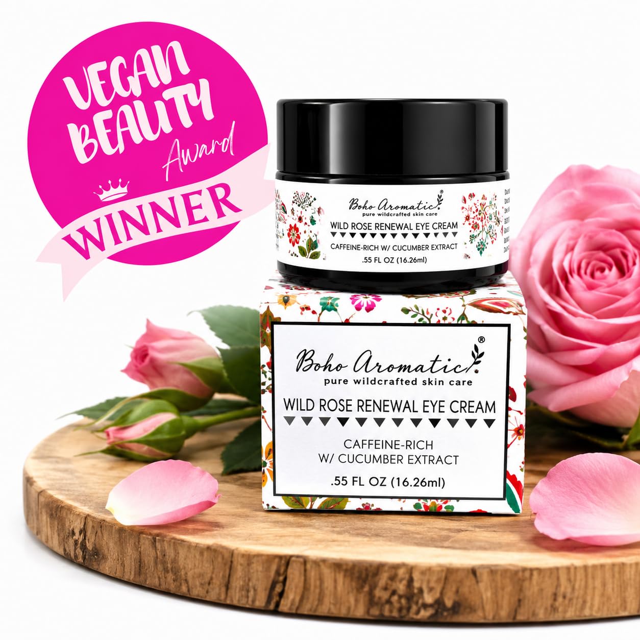 Boho Aromatic Under Eye Cream for Dark Circles & Puffiness – Anti-Aging Hydrating Eye Cream with Hyaluronic Acid for Fine Lines & Wrinkles – Wild Rose Renewal