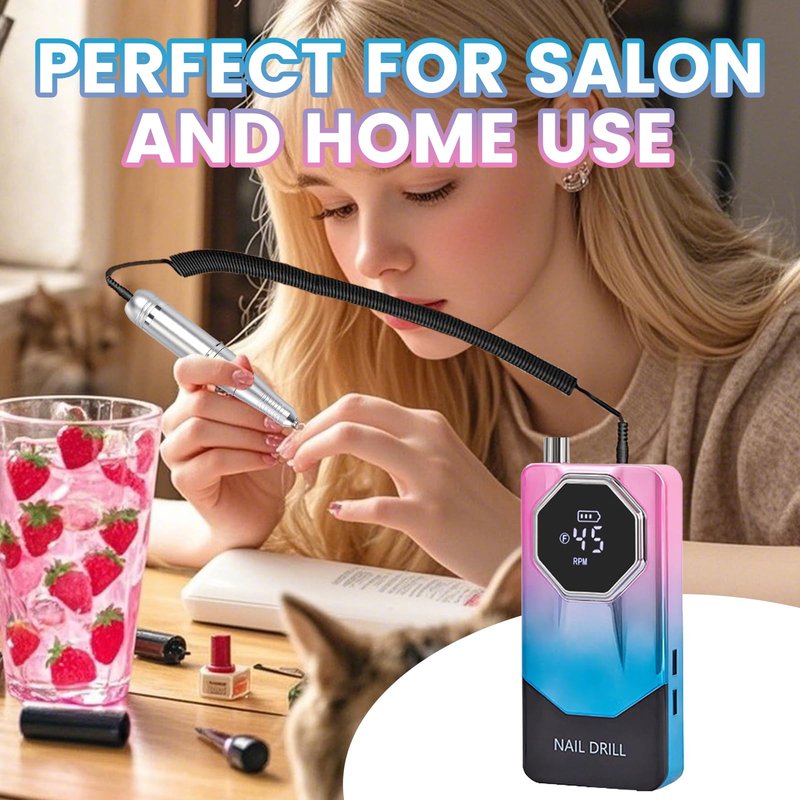 ESUOHYM 45000RPM Professional Cordless Portable Nail Drill Cordless Low Noise Nail Filer Electric Machine with Efile Bits & Base for Acrylic Nails, Nail Buffer Machine for Salon Home (Pink and Blue)