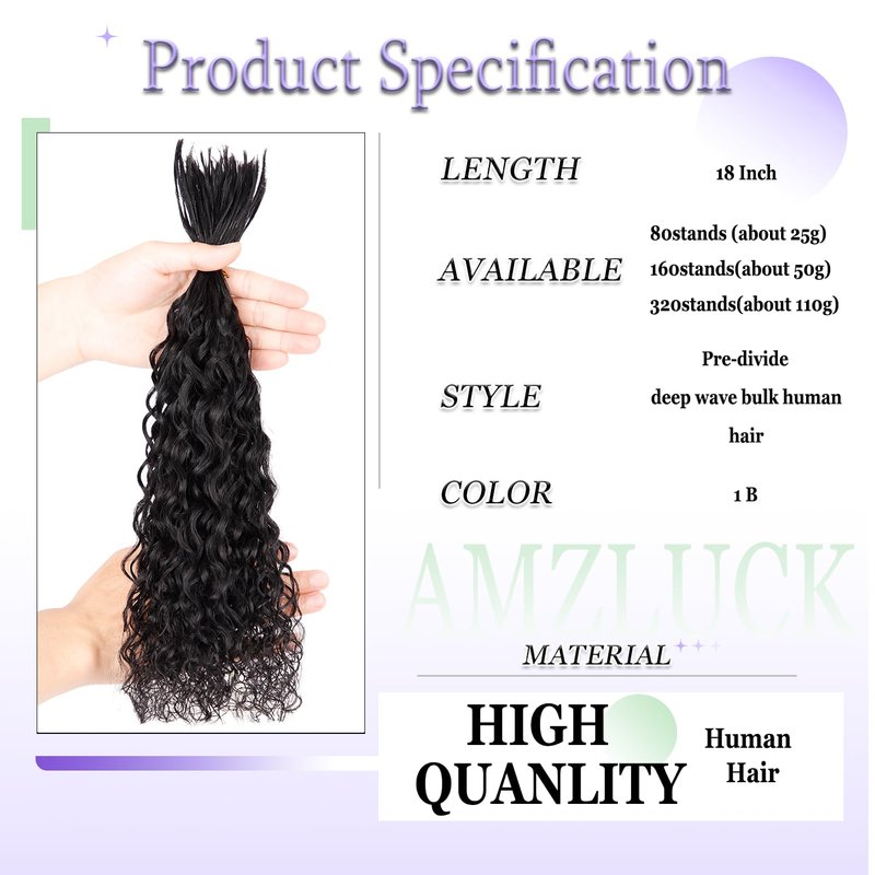 Pre-Divided Human Braiding Hair - Water Deep Wave Curly Extensions for Boho Braids | 18" 80 Strands, Color 1B
