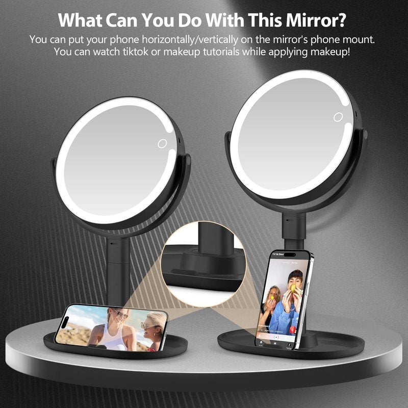 Makeup Mirror with Lights - 30X Magnifying Vanity Mirror | Adjustable Height, 3 Color Modes, 80 LEDs - Black