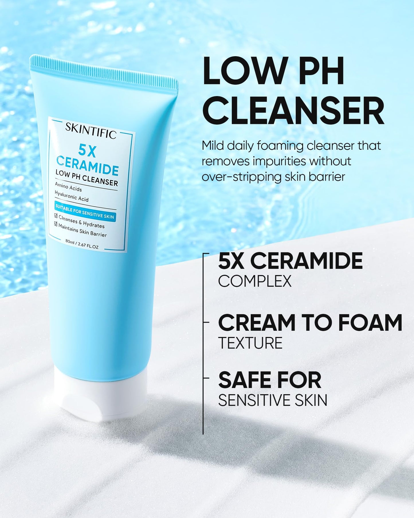 SKINTIFIC 5X Ceramide Low pH Facial Cleanser, Gentle Hydrating Face Wash with Hyaluronic Acid, Daily Face Wash for Dry to Normal Skin, Sensitive Skin Tested, Not Tight, Fragrance Free