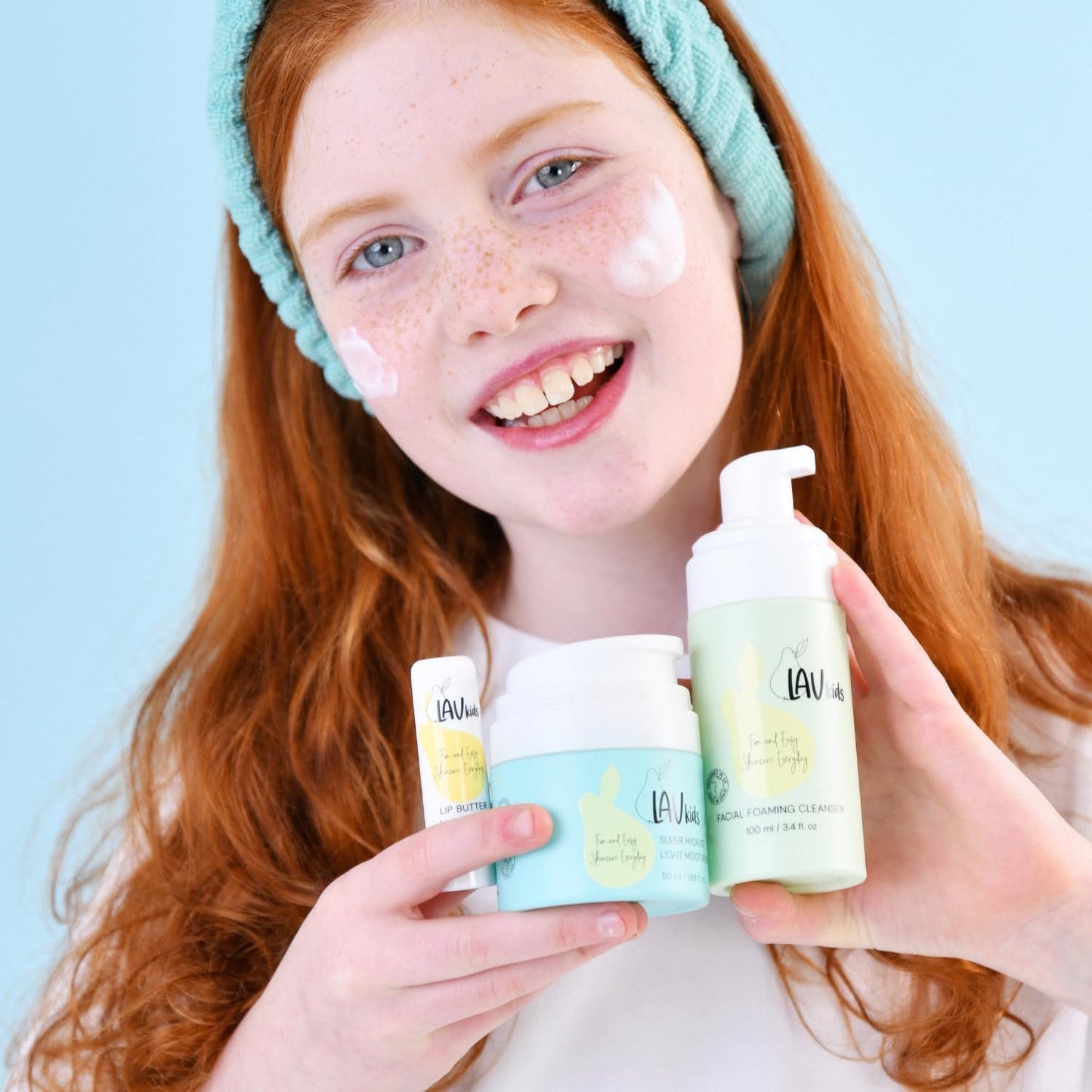 LAV KIDS Hydrating Face Care Bundle, Face Cream, Foaming Cleanser, Lip Butter, with Headband