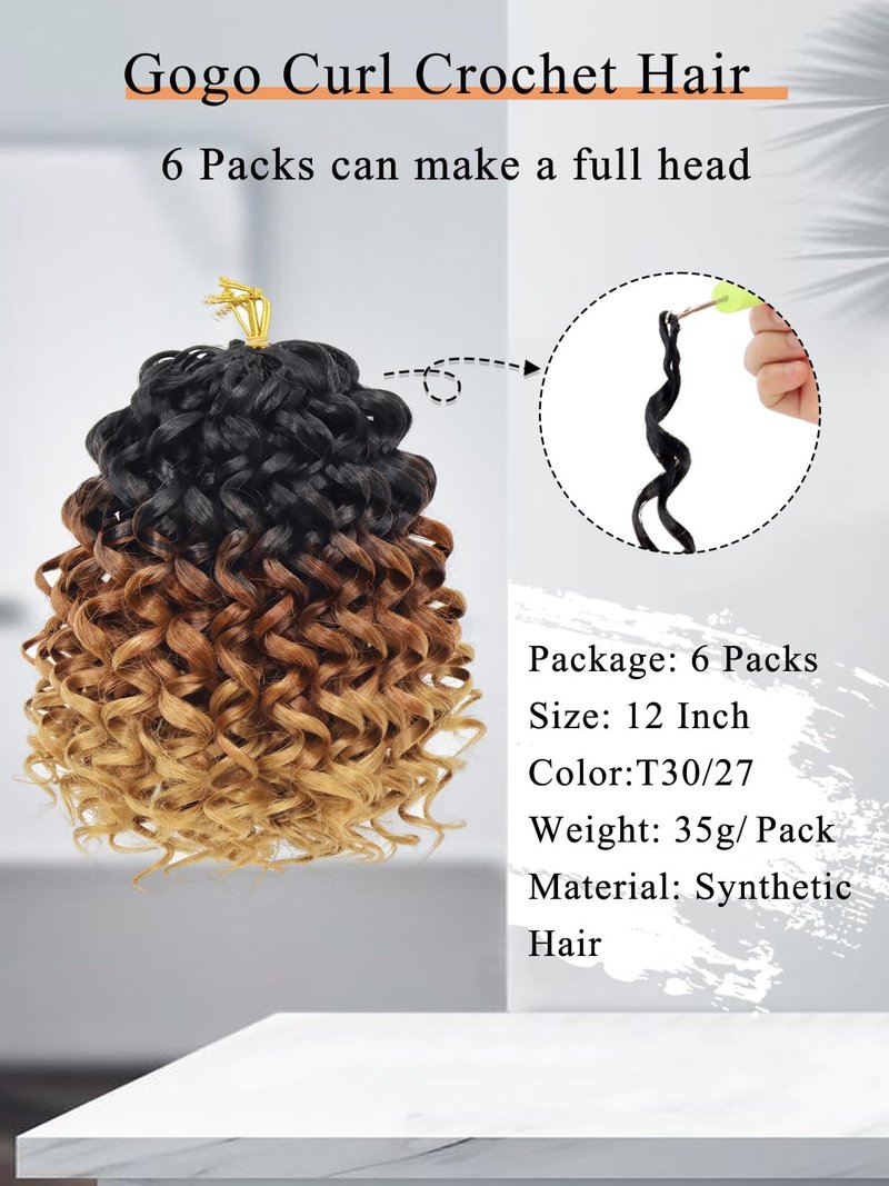 Gowit Gogo Curl Crochet Hair 8 Inch 6 Packs Short Curly Crochet Hair for Black Women Ombre Brown Blonde Deep Ocean Wave Synthetic Crochet Braids (8inch,T3027)