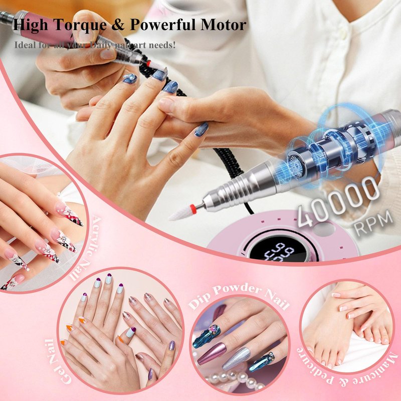 Qinvone Electric Nail Drill with Brushless Motor, 40000RPM Professional Cordless Nail File for Acrylic & Gel Removal - Rechargeable Manicure & Pedicure Kit with 12 Bits for Home and Salon Use (Pink)