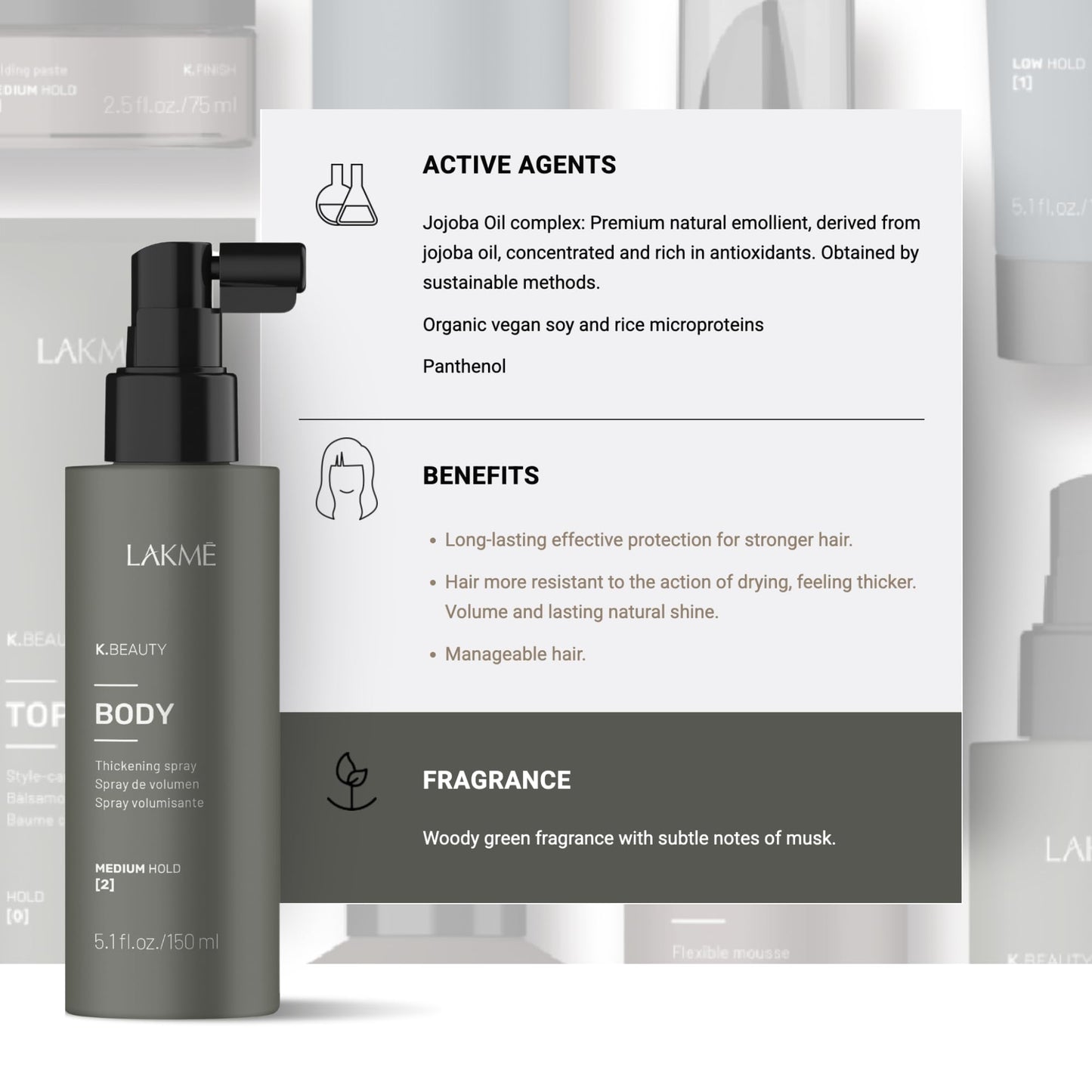 Lakmé K.Beauty Body Hair Thickening Spray, Thickening Spray for Hair, Frizz Control, Heat Protectant Spray, 5.1 Fl Oz