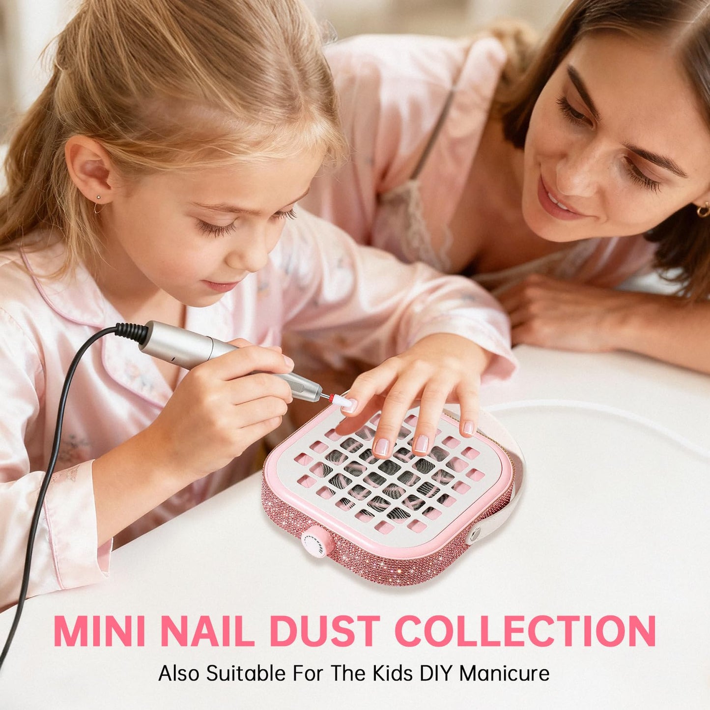 CHRISTINE SHELLY Nail Dust Collector, Bling Crystal Diamond Compact 6000RPM Powerful Vacuum Fan Vent Dust Collector Extractor Dust Suction Machine for Acrylic Nails Polishing, Fast Charging