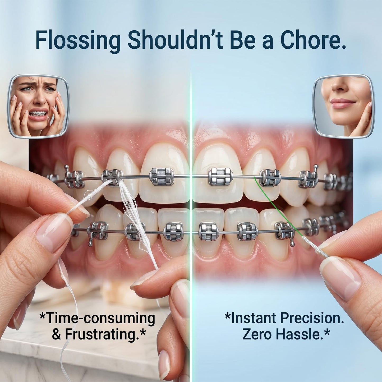 RAZOKO 3-in-1 Floss for Braces, 120 Pre-Cut Strands | Floss Threaders, Spongy & Regular Floss for Bridges & Wide Gaps (Pack of 2)
