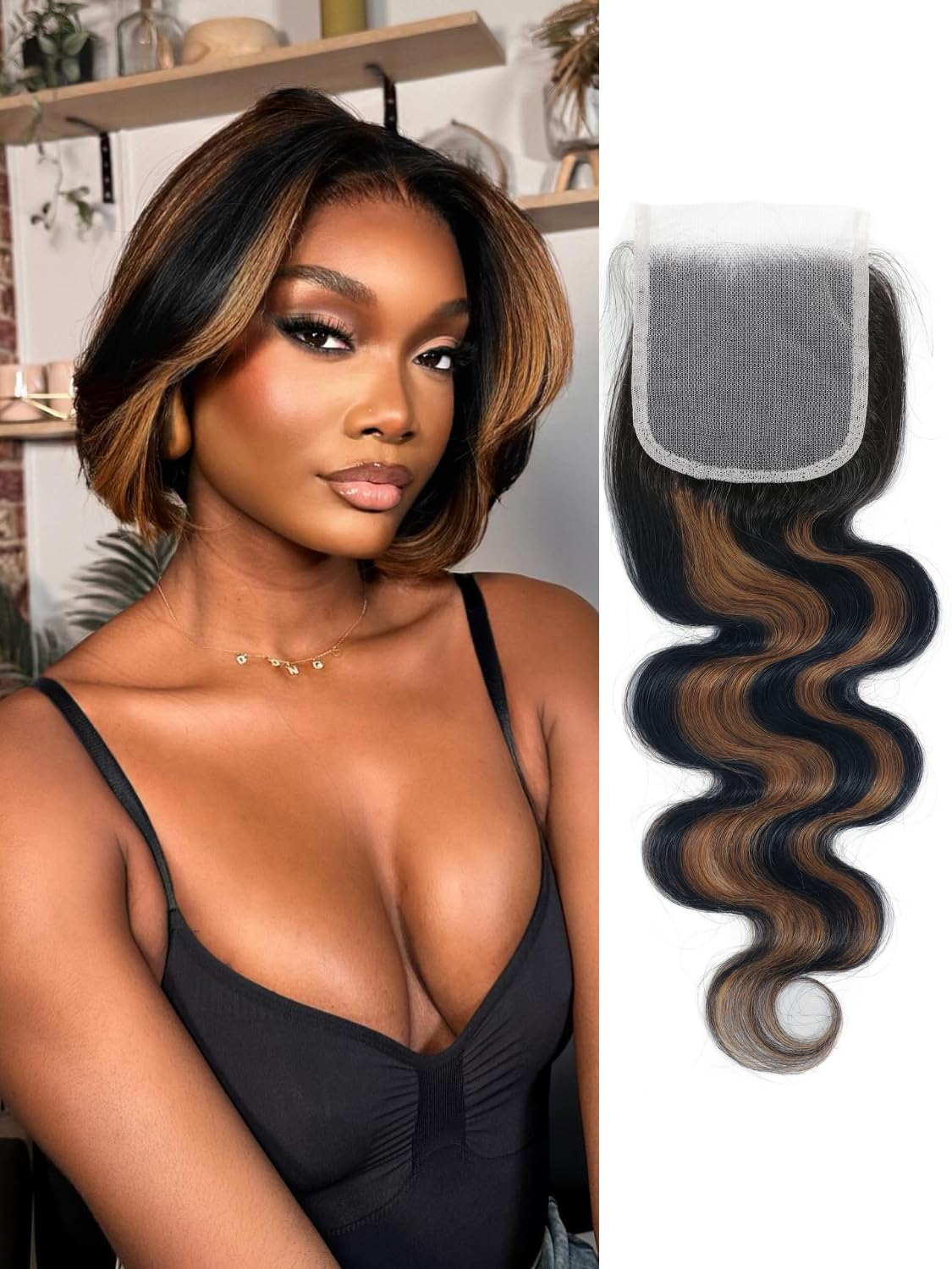 Honey Blonde Highlight 4x4 Closure Body Wave Human Hair - Balayage F1B/30 Remy Lace Closure | 10 Inch Pre-Plucked Natural Hairline