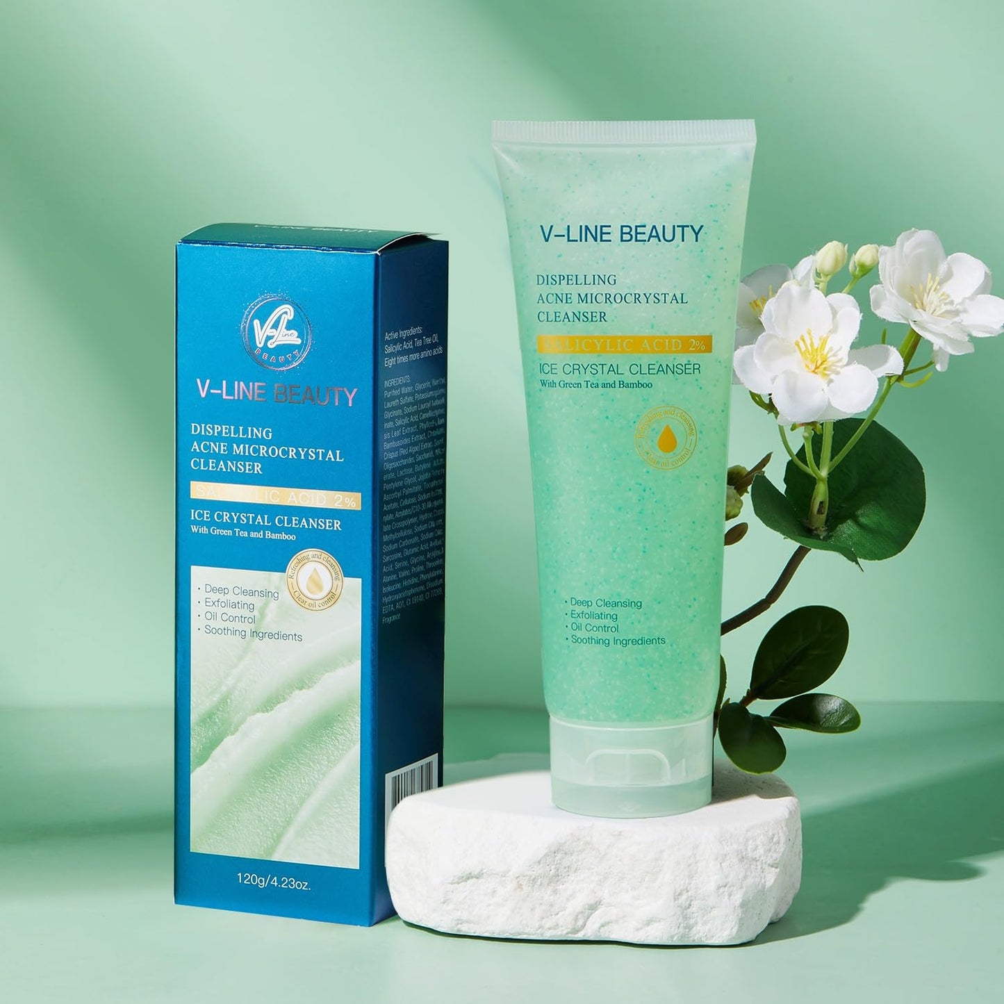 V-Line Beauty Microcrystal Gentle Cleansing Facial Gel Scrub for Oily Skin, 2% BHA + Glycerin + Green Tea + Bamboo, Soothing, Hydrating and Help Clear, Suitable for Sensitive Skin