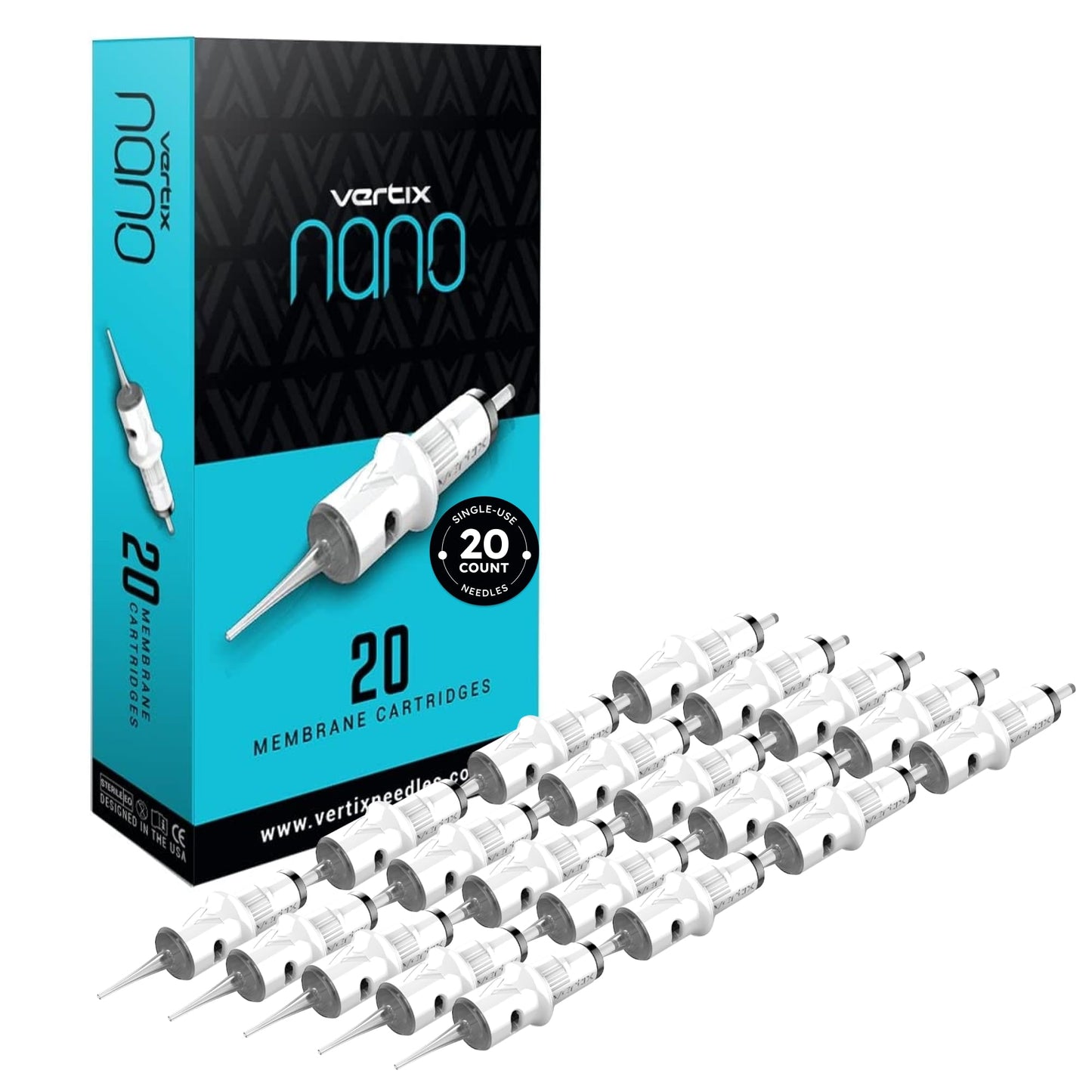 Vertix Nano Membrane Tattoo Cartridge Needles - Transparent & Detachable Tips for Precision Ink Flow - Medical-Grade 316L Stainless Steel - Tattoo Supplies and Equipment - 1 Round Shader (20 Count)