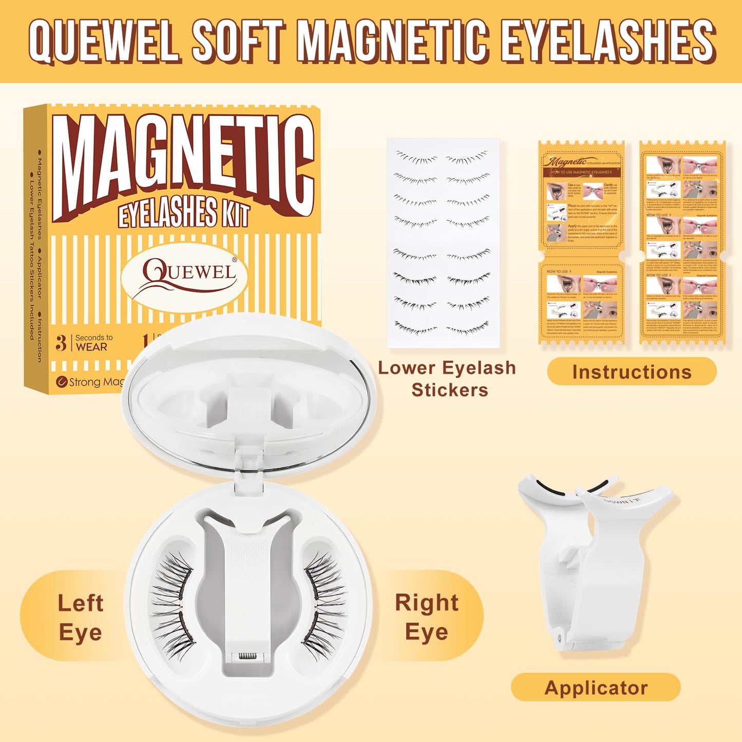 QUEWEL Magnetic-Eyelashes with Applicator, Upgrade 1 Pair Soft Magnetic Lashes, No Glue Needed Reusable Magnetic Eyelashes So Soft and Suitable for Beginners (Soft-Magnetic-C)