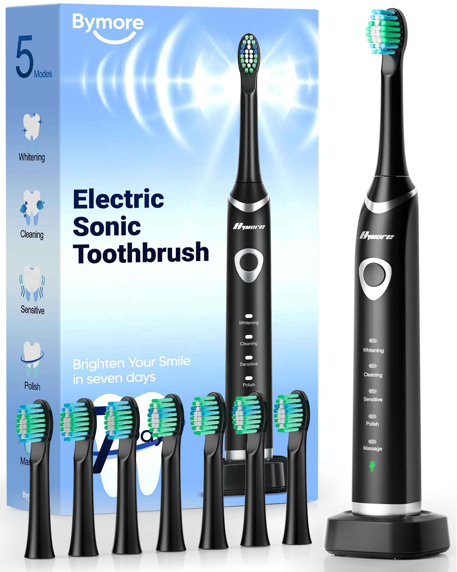 Bymore Electric Toothbrush for Adults,Travel Sonic Toothbrush with 8 Replacement Heads, Ultra Clean Rechargeable Toothbrush Portable One Charge for 330days 5 Modes 2mins Timer-Black