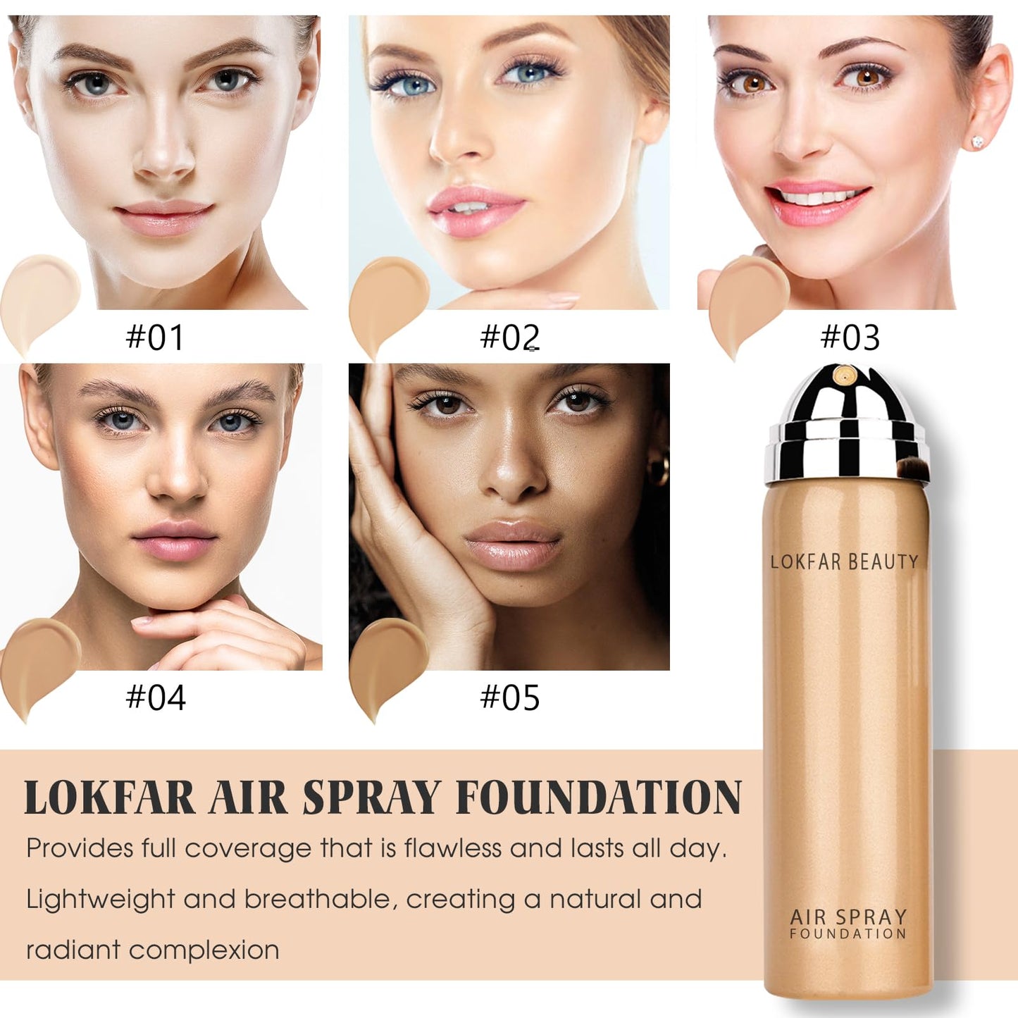 LOKFAR AirBrush Foundation Spray, Silky Mist Spray Makeup Kit with Brush, Full Coverage Foundation for Smooth Radiant Finish, Formula Breathable Lightweight Hydrating | #02 Nude