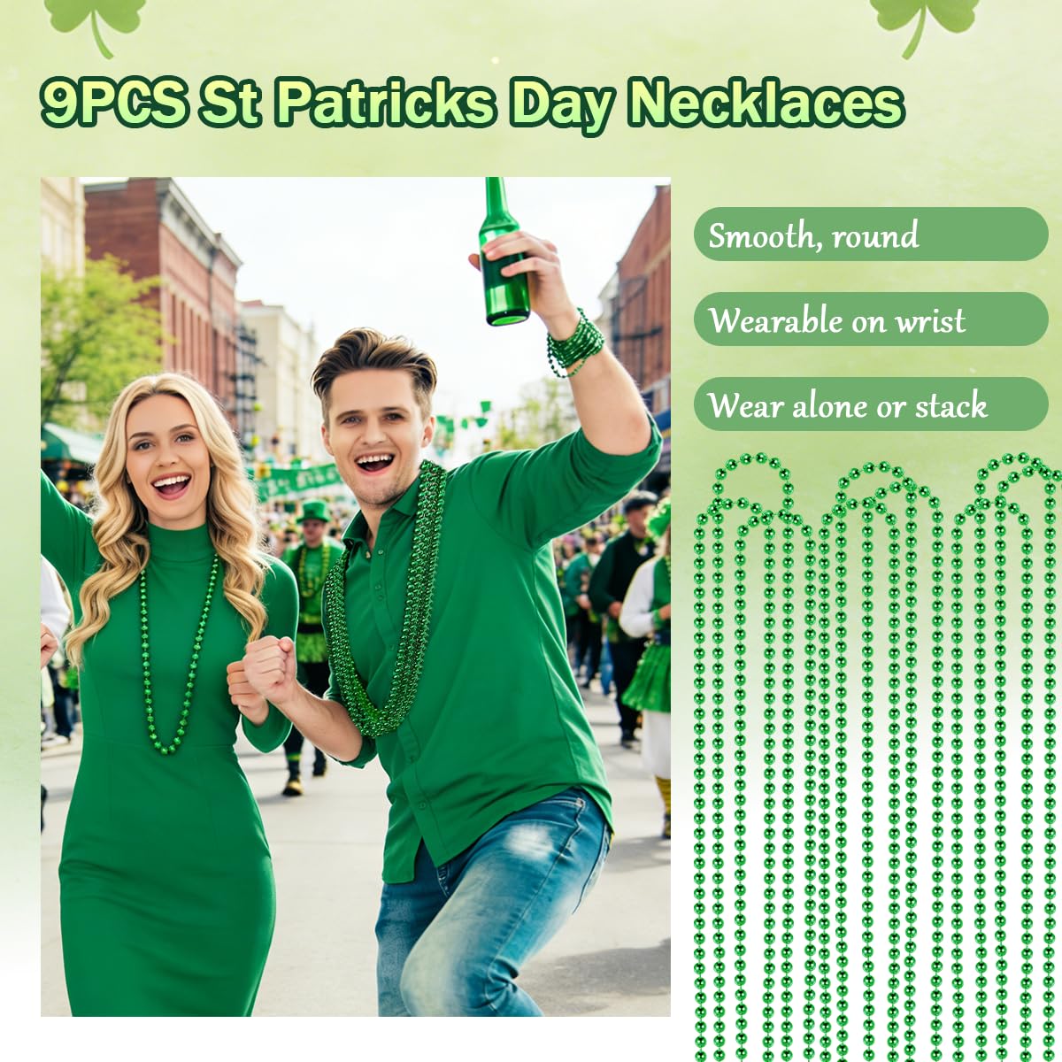 19PCS St. Patrick's Day Accessories Set, Green Face & Body Glitter, Green Glasses, Irish Bracelets, Round Bead Necklaces, Party Favors for Women and Family