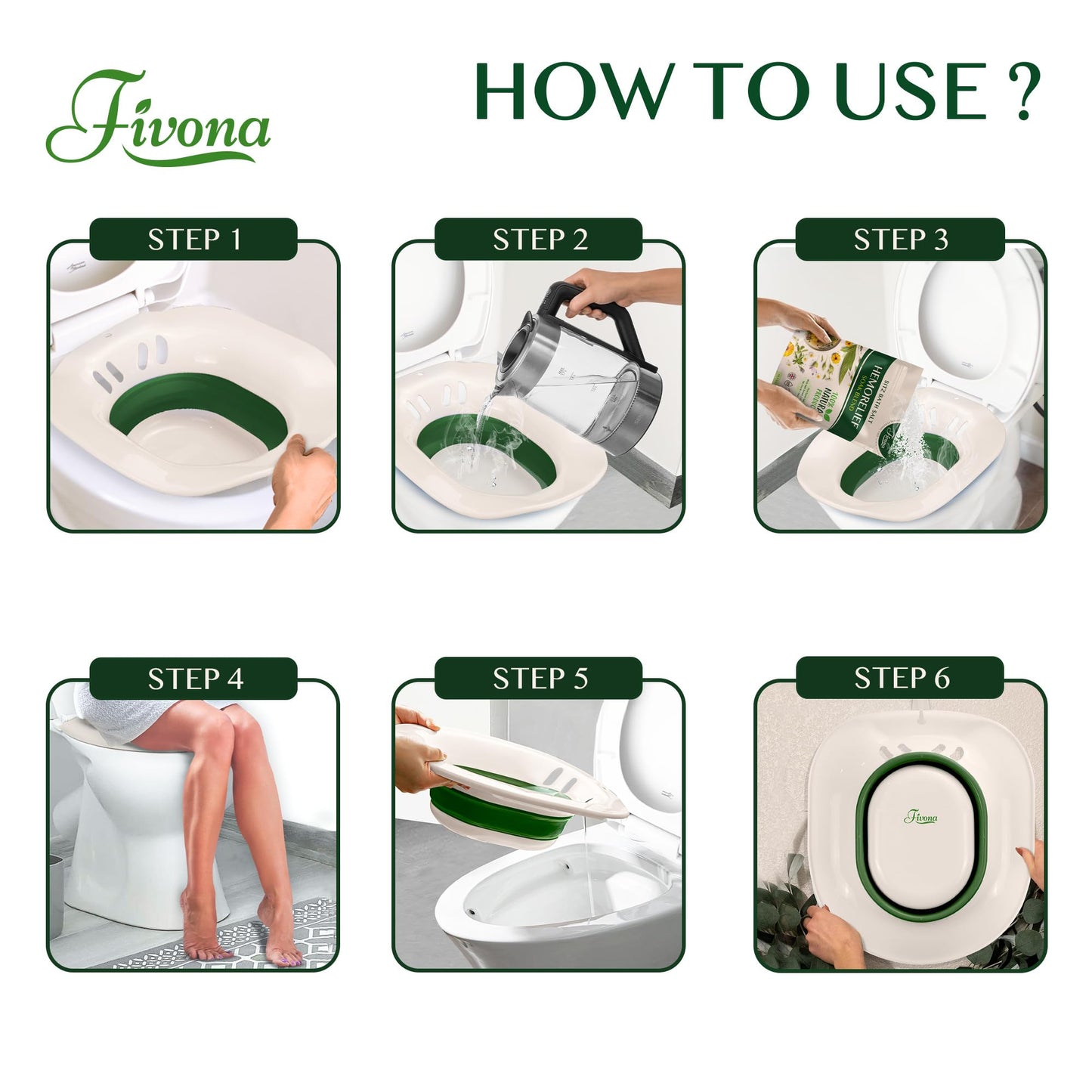 Fivona 2-in-1 Sitz Bath Soak Kit Over The Toilet Seat with Epsom Salt Blend with Essential Oils for Hemorrhoids and Postpartum Care Ideal for Perineal Soaking and Fast Irritation Relief