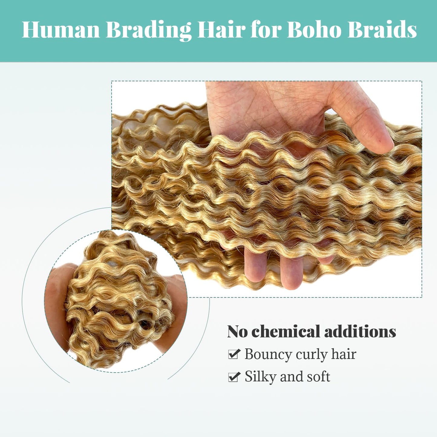 Honey Blonde Highlight Human Braiding Hair for Boho Braids Water Wave Bulk Human Hair for Braiding Ombre Color No Weft 2 Bundles 100G Wet And Wavy Twist Hair Braiding 16 Inch