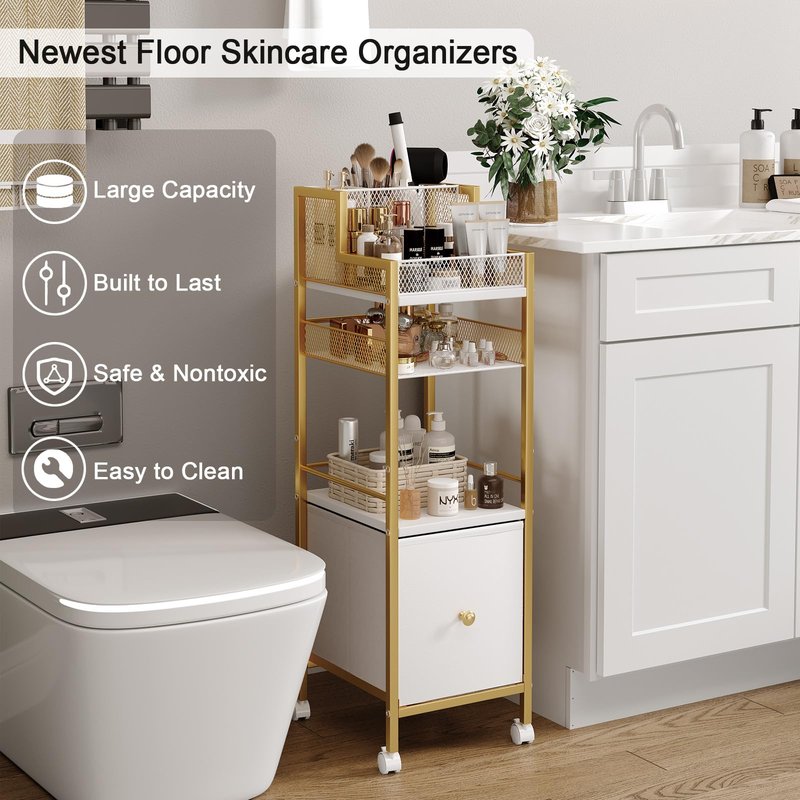 Makeup Organizer Storage Cart with Drawers, Large Floor Makeup Skincare Organizers, Rolling Makeup Cart Vanity Organizer Cosmetics Display Cases Holder for Nail Polish Brush Hair Tool（Gold）