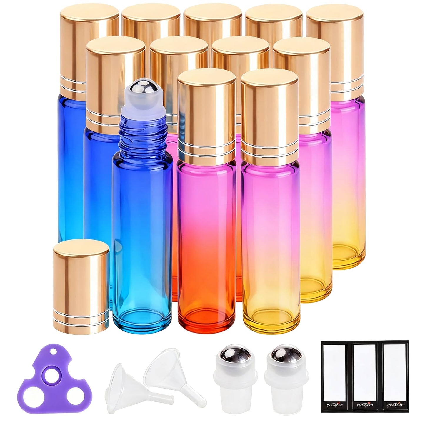 PrettyCare 60 Pack, 10 ml Essential Oil Roller Bottles with Stainless Steel Roller Ball - Bulk Refillable Leak-proof Empty Thick Rainbow Glass Roll on Bottles with Metal Caps for Travel, Perfume