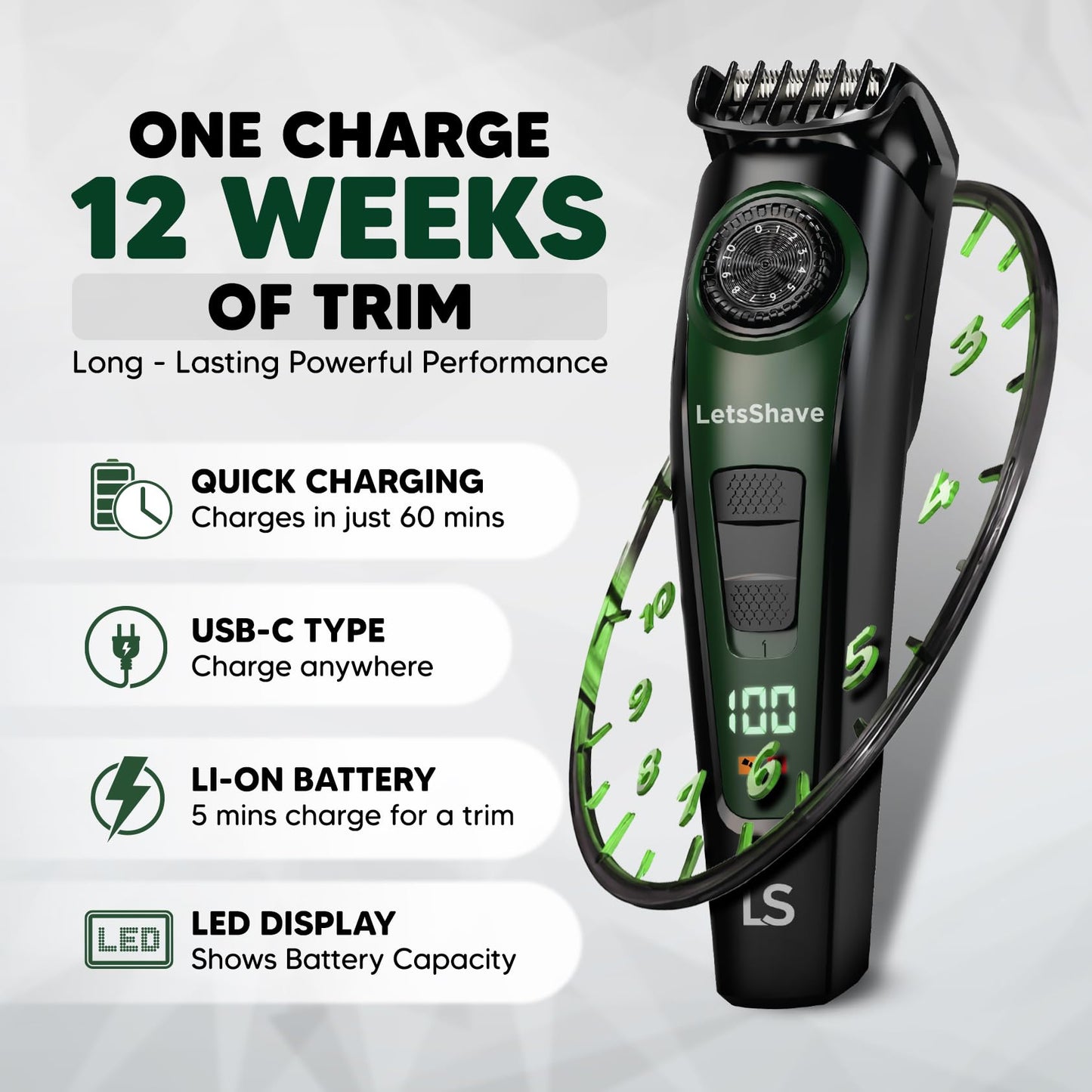LetsShave Head, Body & Beard Trimmer for Men | Mens Full Body Hair Trimmer | Cordless | Stainless Steel Blade | Length Settings | Fast Charging Trimmer Men Black