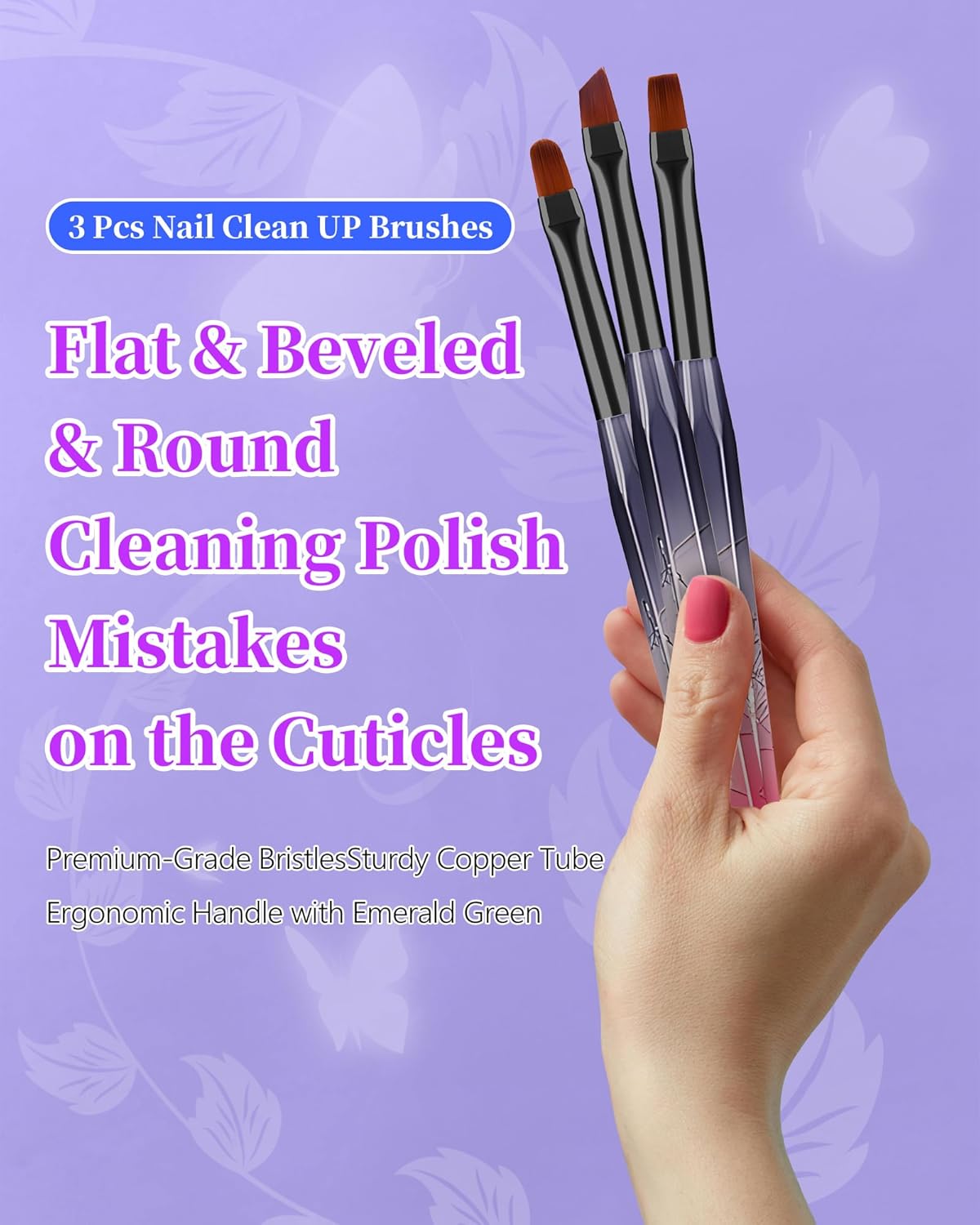 Nail Art Clean Up Brushes Set - 3PCS Acetone Resistant Round, Angled & Flat | Perfect for OPI Nail Polish Remover