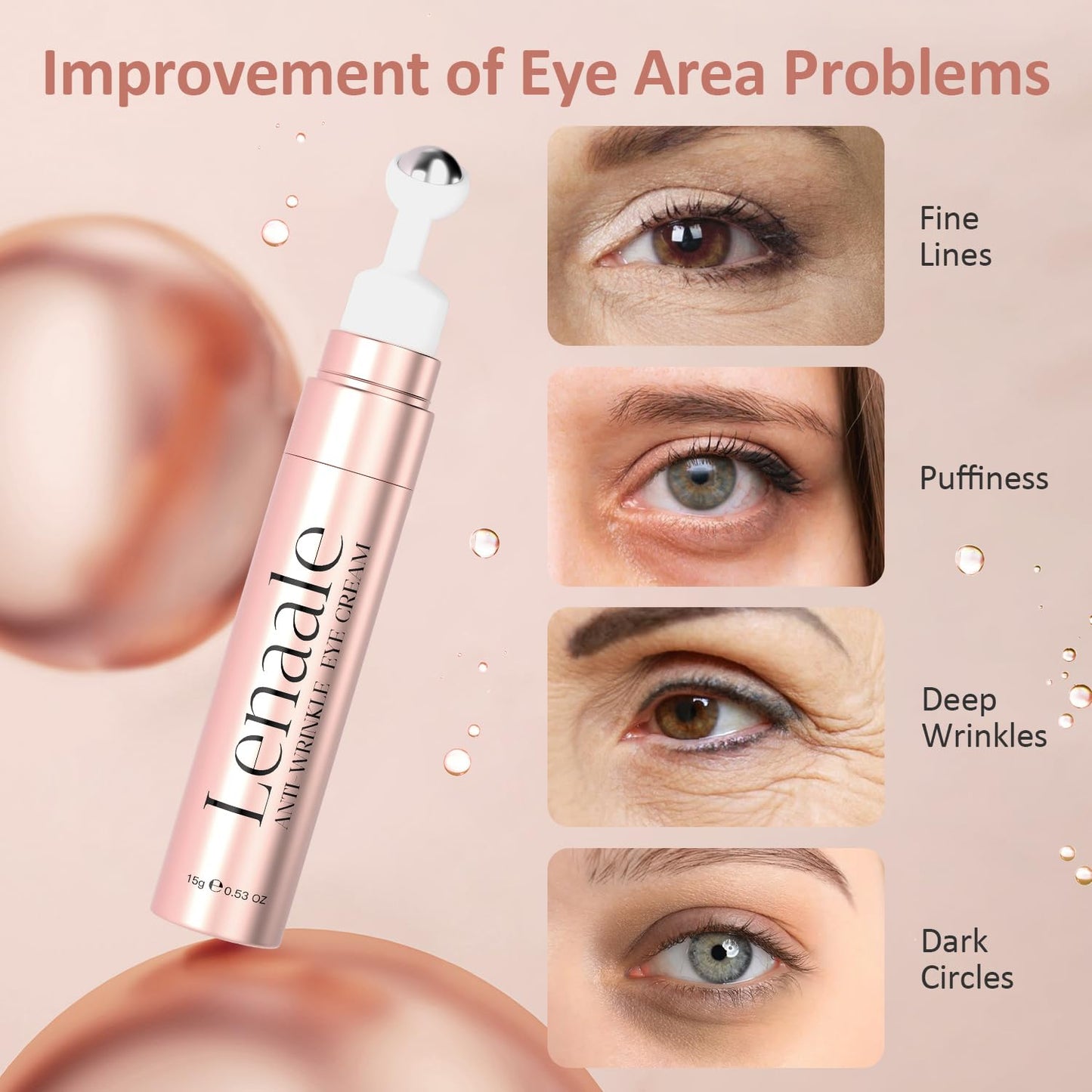 Eye Cream Anti Aging Under Eyes Cream Dark Circles with Super Vitamin A, Peptides & Hyaluronic Acid, Eye Serum With 360° Roller Massage Ball for Puffiness and Bags 0.5 oz