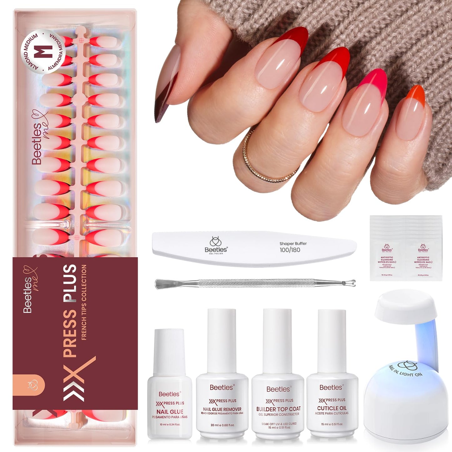 Beetles X Press Plus Gel Nails Kit - Fierce French | 5 Colors Press On Nails Medium Almond | 160Pcs 16 Sizes All-in-One Kit With Nail Glue,Remover,Builder Top Coat,Nail Lamp Gift