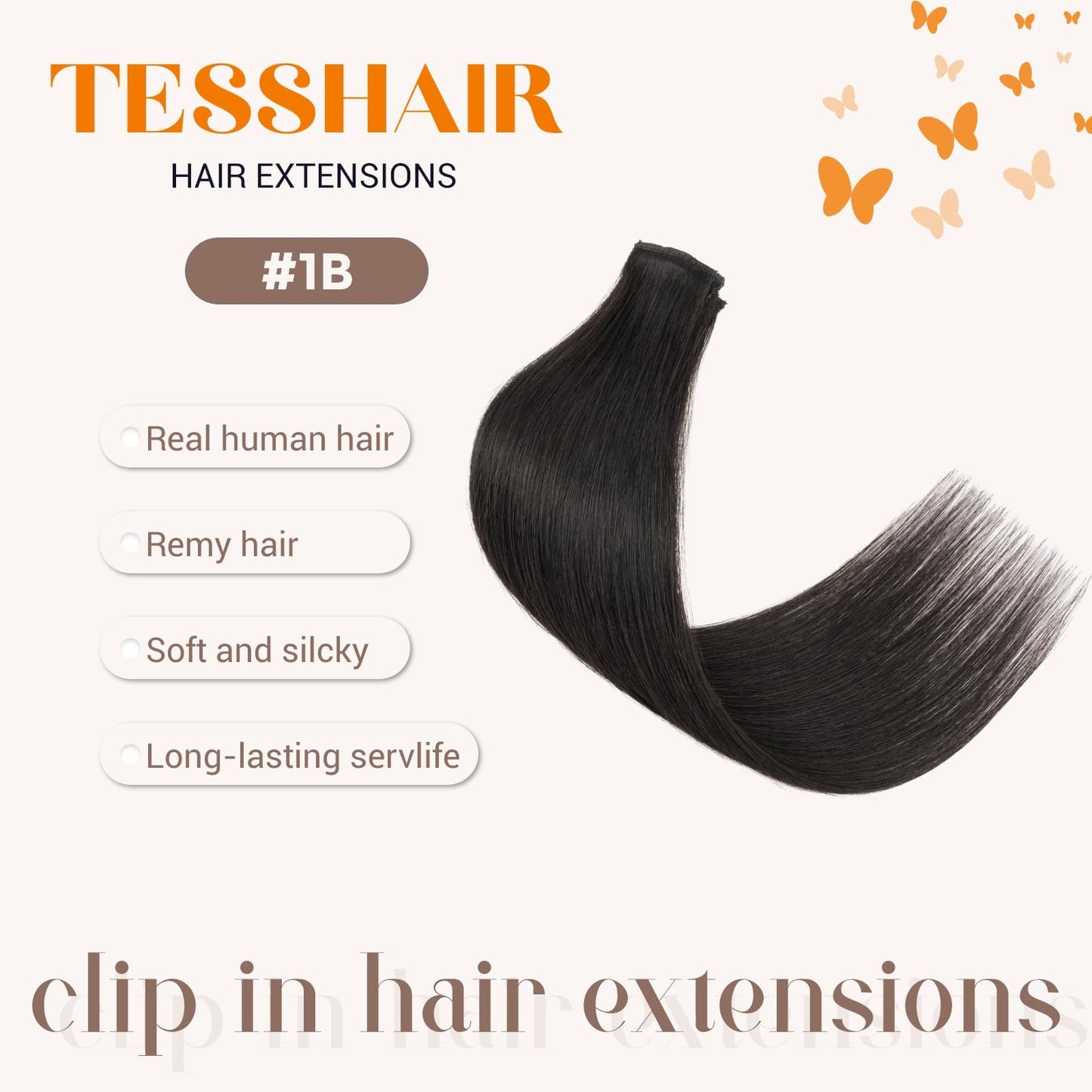 TESSHAIR 6PCS Clip in Hair Extensions Real Human Hair Short Clip in Extensions for Women Short Straight Hairpieces to Add Volume and Highlights 12 Inch Natural Black