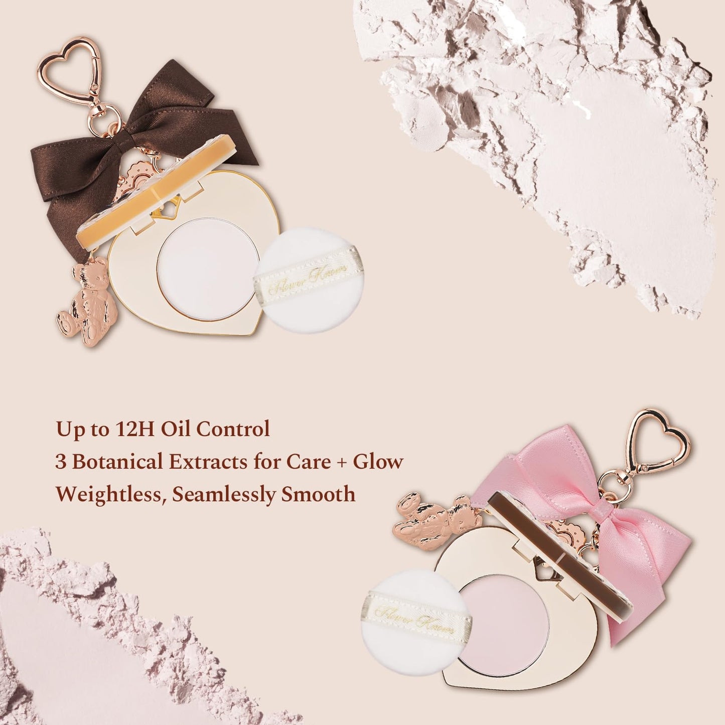 Flower Knows The Sweetie Bear Collection Setting Powder,Cute Bag Charms Purse Keychain,Makeup & Setting Compact and Puff Pressed Powder,Pore Blurring Backed,Gift for Women,0.09 Oz(01 Cocoa)