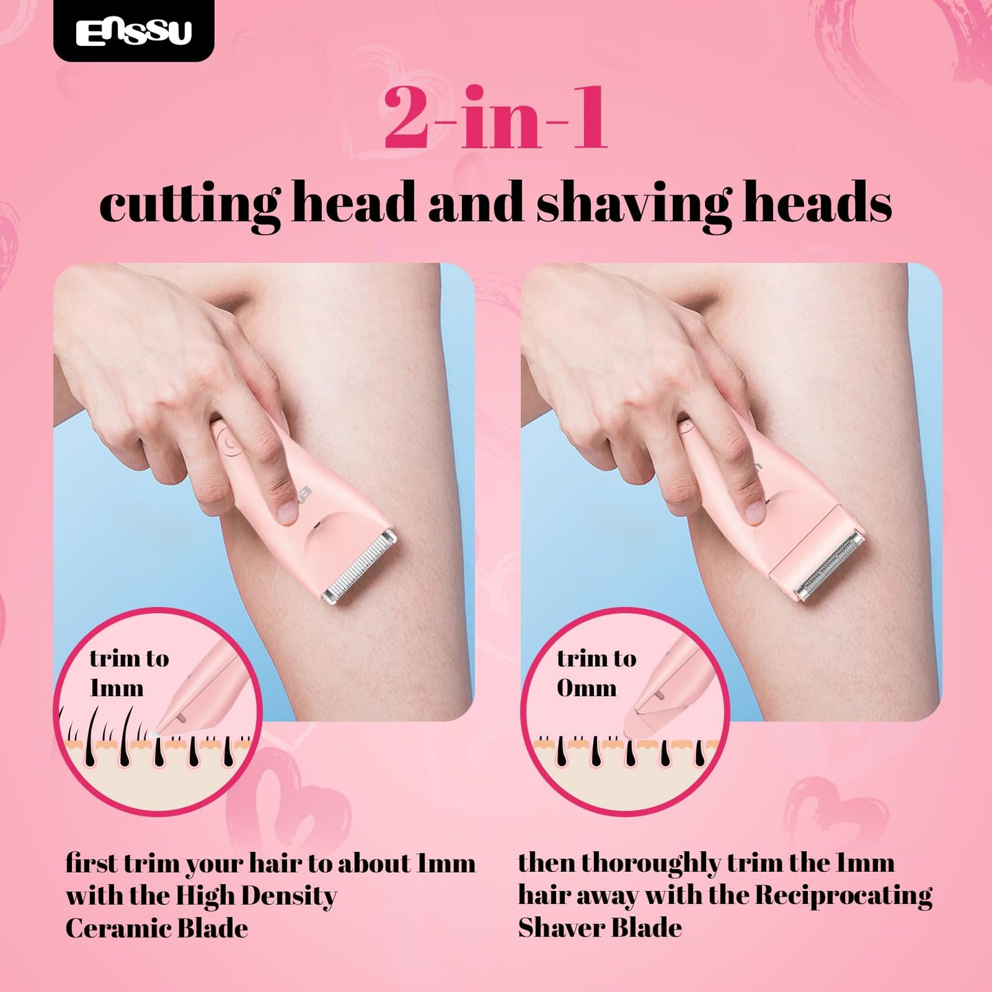 ENSSU Bikini Trimmer for Women - 2 in 1 Pubic Hair Trimmer IPX7 Waterproof, Razors for Women with LED Light & USB Charge, Painless Electric Shaver with Ceramic Blade for Bikini Legs Arm Underarm