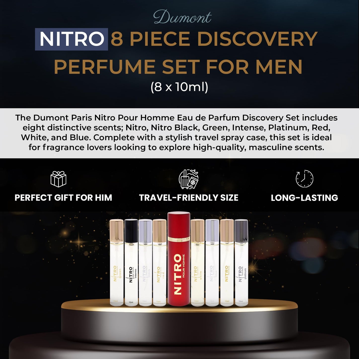 Dumont Nitro Pour Homme Perfume Discovery Set for Men Mini Travel Sprays 8 x 0.34 Fl Oz