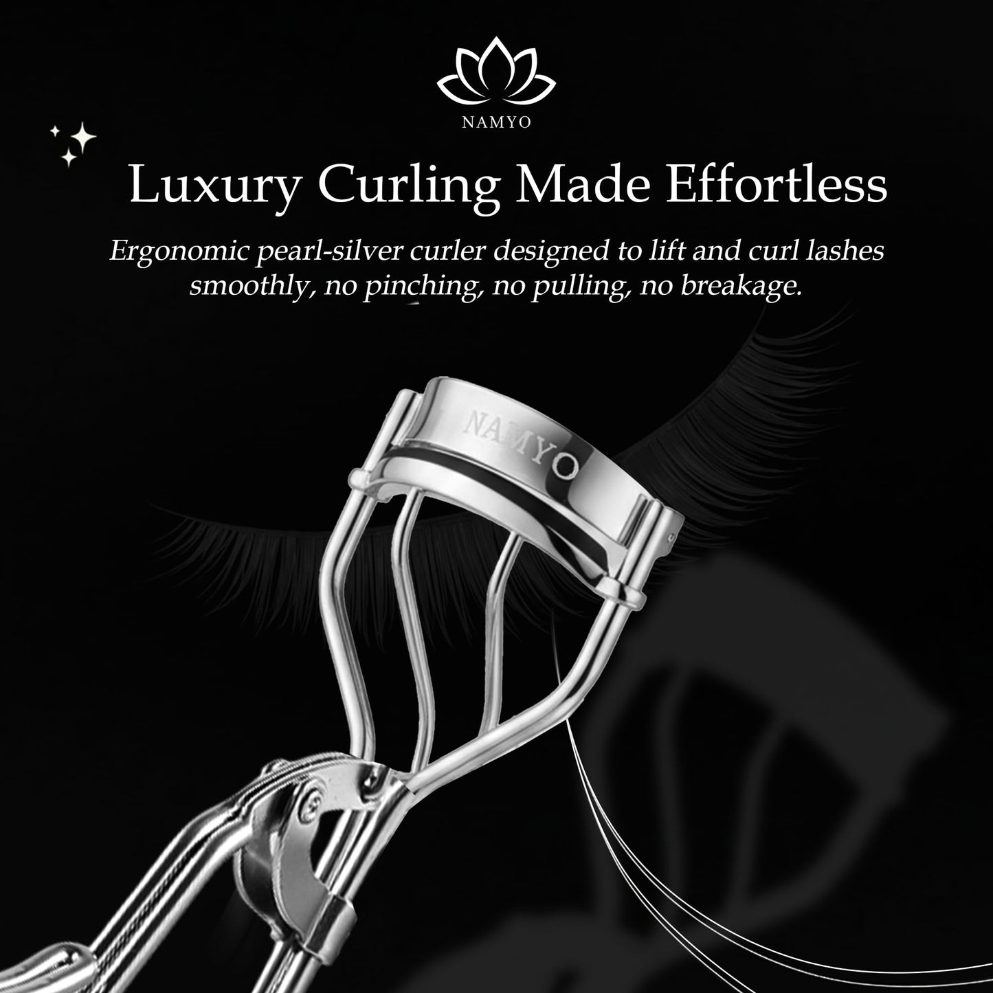 NAMYO Eyelash Curler – Precision Lash Curler for Almond, Hooded and Deep-Set Eyes with Ergonomic Handle and 10 Silicone Refill Pads – Compact Travel Size - Pearl Silver