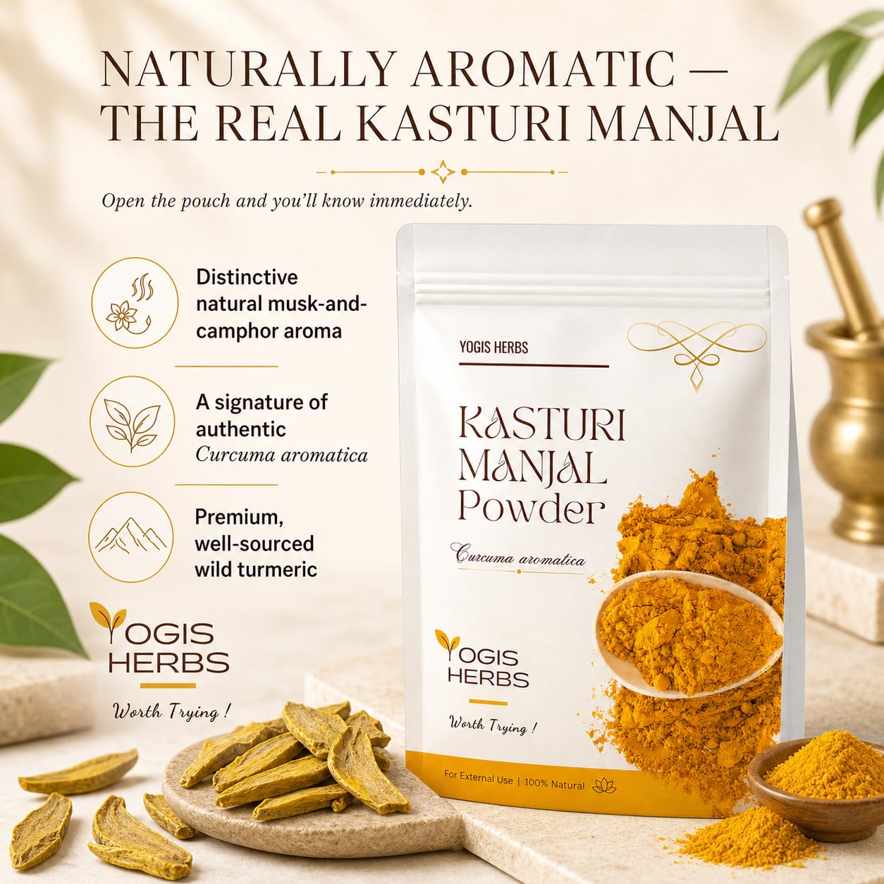 YOGIS HERBS Premium Kasturi Manjal Powder — Authentic Wild Turmeric (Curcuma aromatica / Amba Haldi / Jangli Haldi) — Naturally Aromatic, Single-Source Siddha-Tradition Heritage Herb for Glowing Skin, Face Pack & Ubtan — 100% Pure (250 g / 8.8 oz)