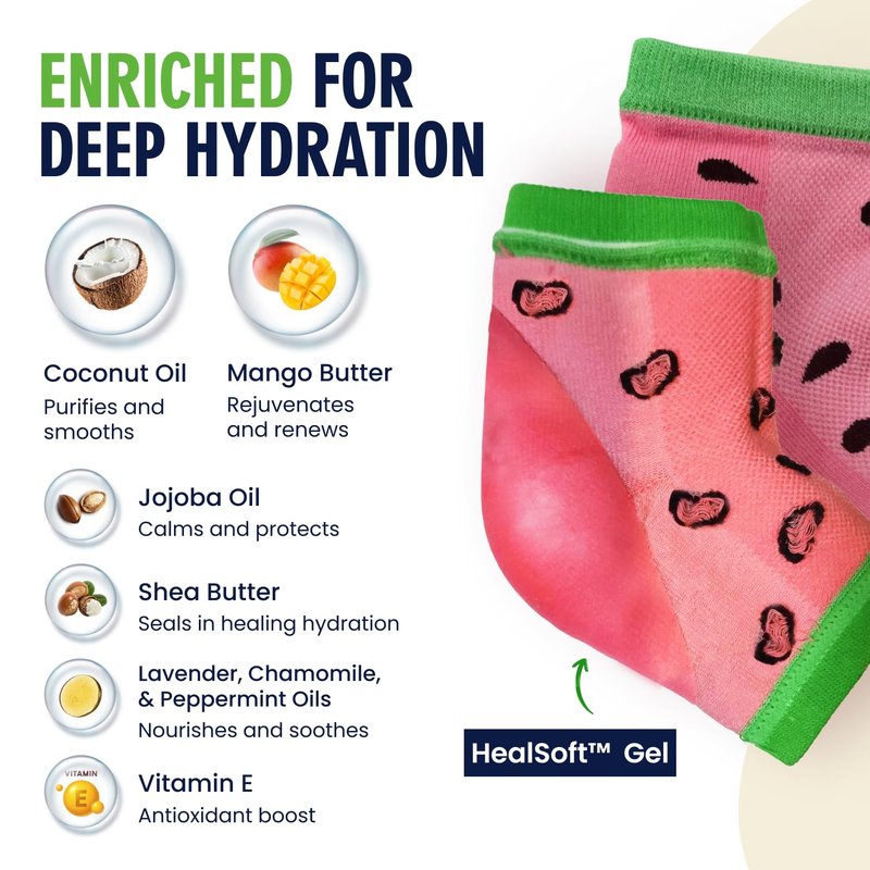 Moisturizing Heel Socks for Dry Cracked Heels Treatment - 3 Pairs Infused with Coconut Oil & Mango Butter | Summer Print