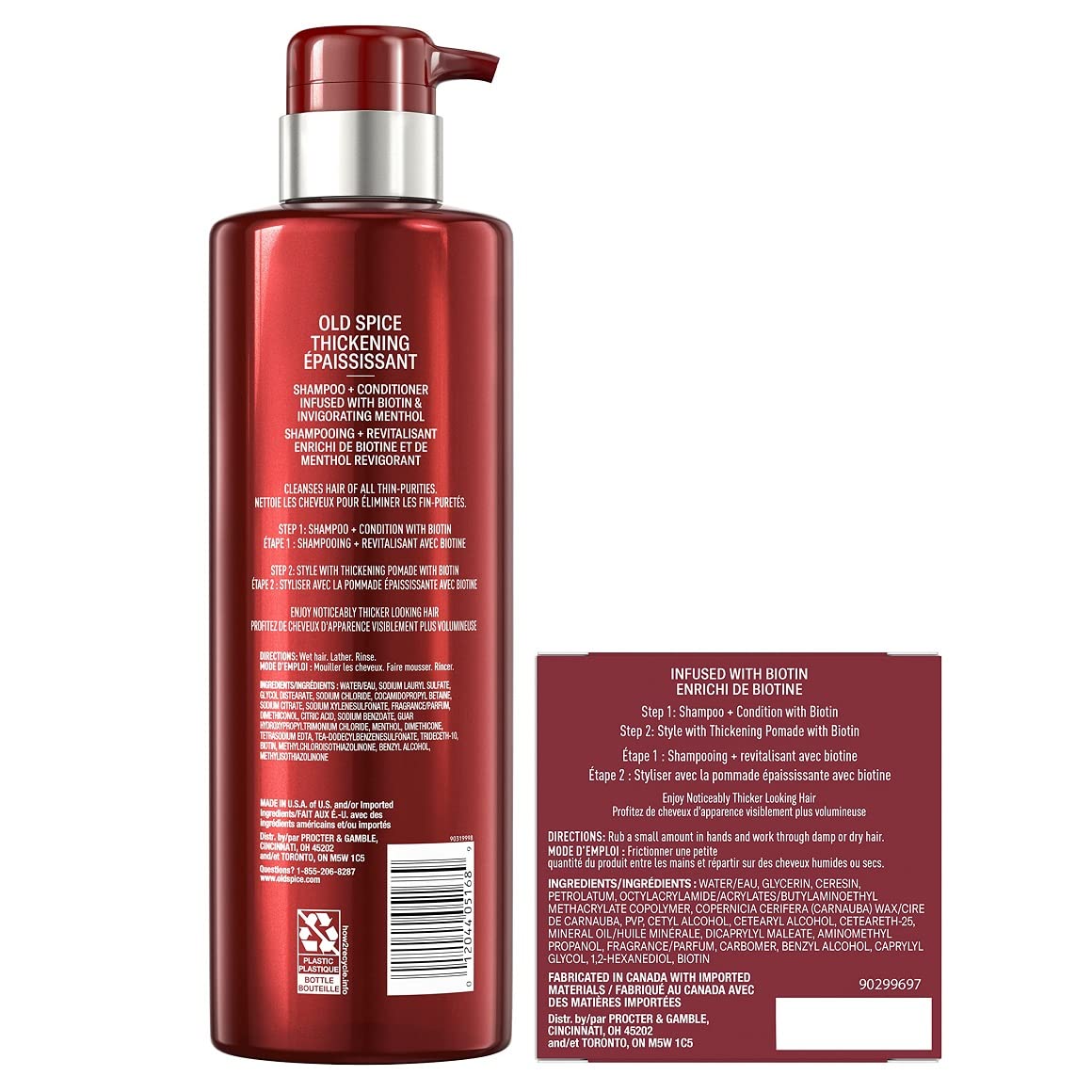 Old Spice Mens Thickening 2-in-1 Shampoo and Conditioner with Biotin and Menthol (17.9 fl oz) & Thickening Styling Pomade Infused with Biotin Bundle (2.22 oz)