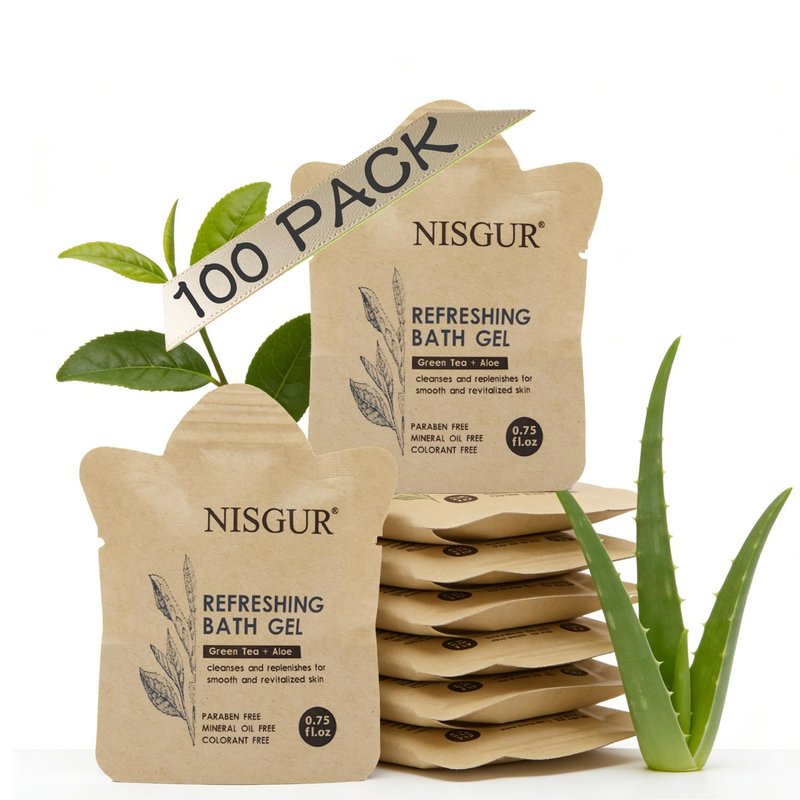 NISGUR Bulk Travel Size Body Wash 0.75 oz 100 Pack Non Plastic Hotel Bath Gel Kraft Paper Pouch Travel Shower Gel Aloe and Green Tea Extract Infused Hotel Supplies and Toiletries for Guest