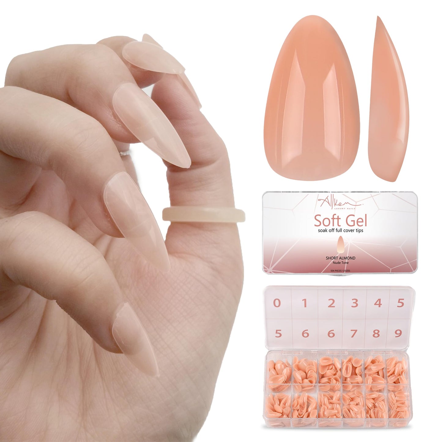 Allkem Soft Gel Nail Tips - Medium Short Almond Nail Extensions Kit - 12 Sizes Short Full Cover Nails - Neutrals - Bold (504 Pieces)